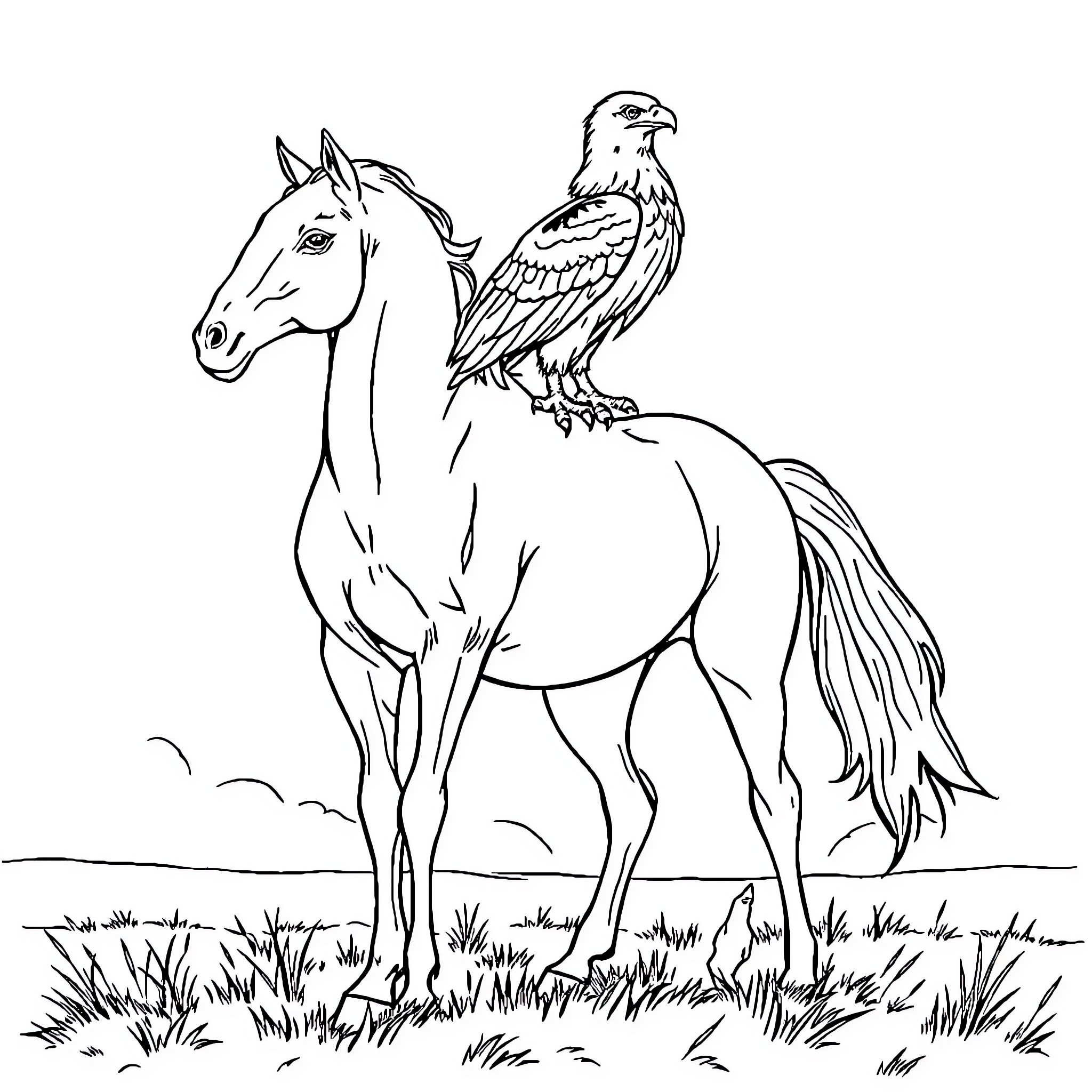 Horse with perched eagle in the countryside Coloring Page (free black-and-white line drawing printable PDF for all, from beginners to advanced learners, including children, teens, adults, and seniors)