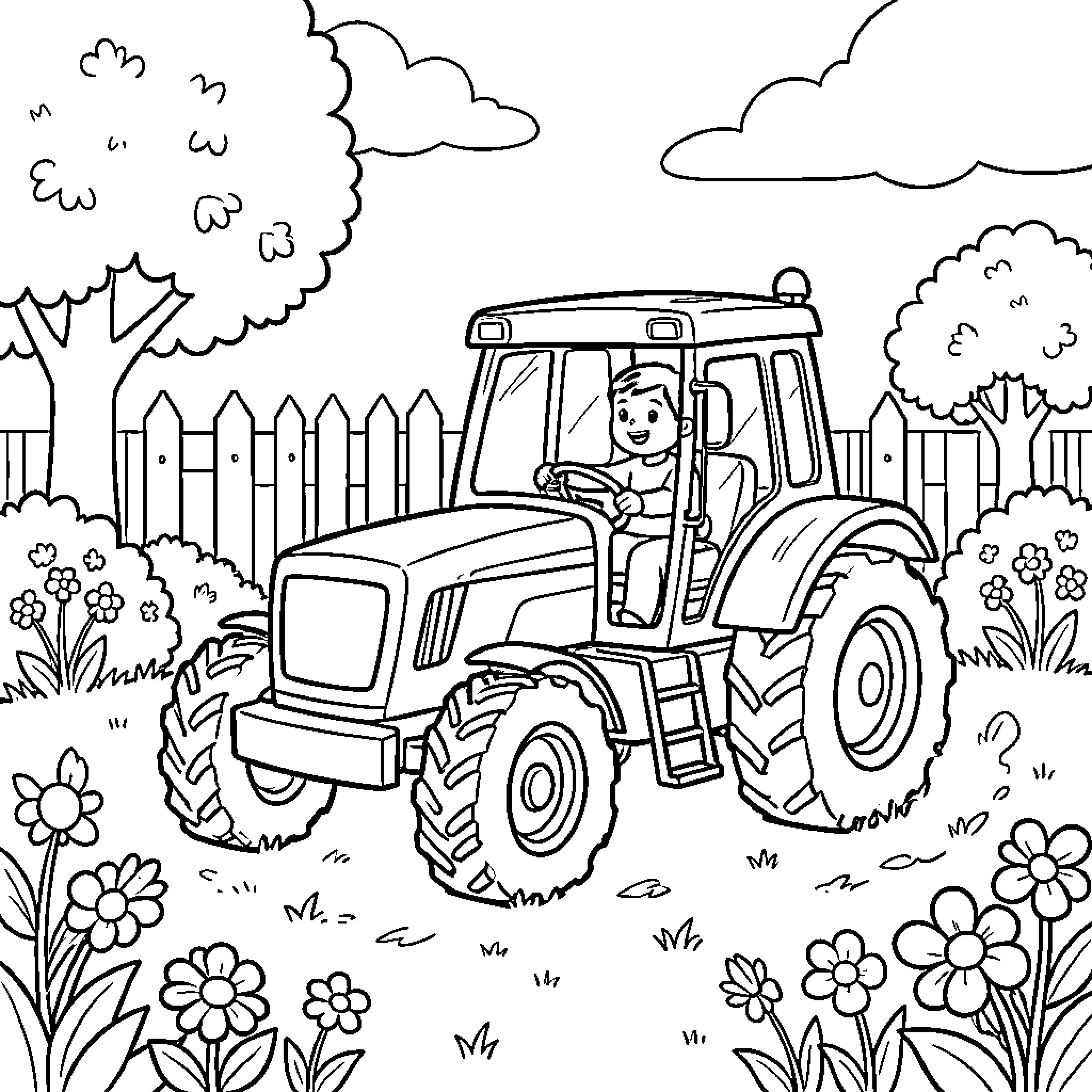Tractor driving through a floral garden Coloring Page (free black-and-white line drawing printable PDF for all, from beginners to advanced learners, including children, teens, adults, and seniors)