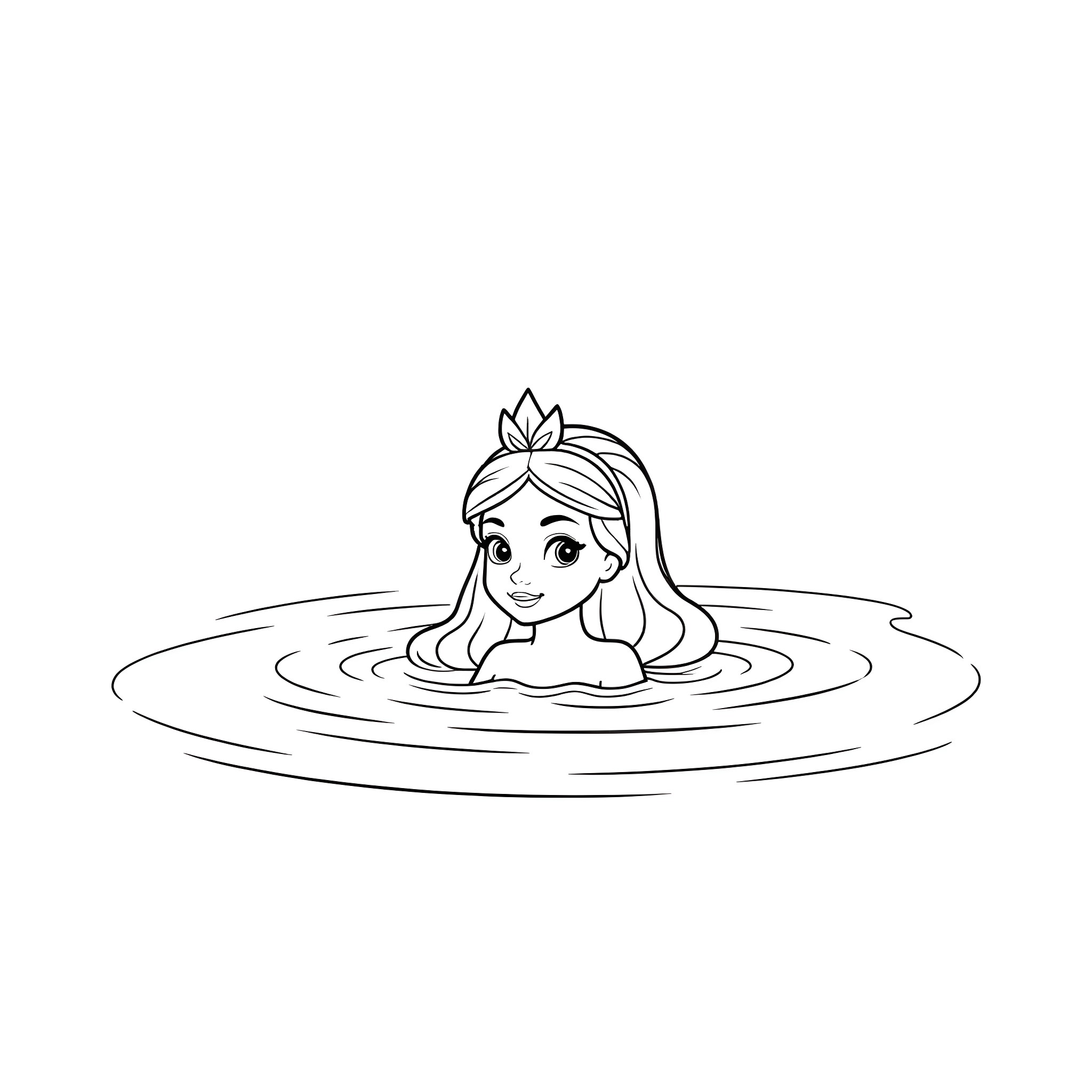 Princess bathing in the pond Coloring Page (free black-and-white line drawing printable PDF for all, from beginners to advanced learners, including children, teens, adults, and seniors)