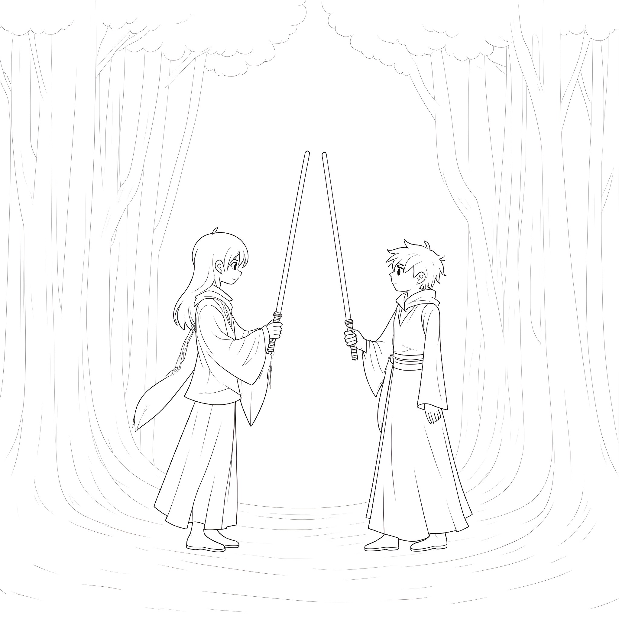 Inu Yasha - Two warriors facing off in the forest Coloring Page (free black-and-white line drawing printable PDF for all, from beginners to advanced learners, including children, teens, adults, and seniors)