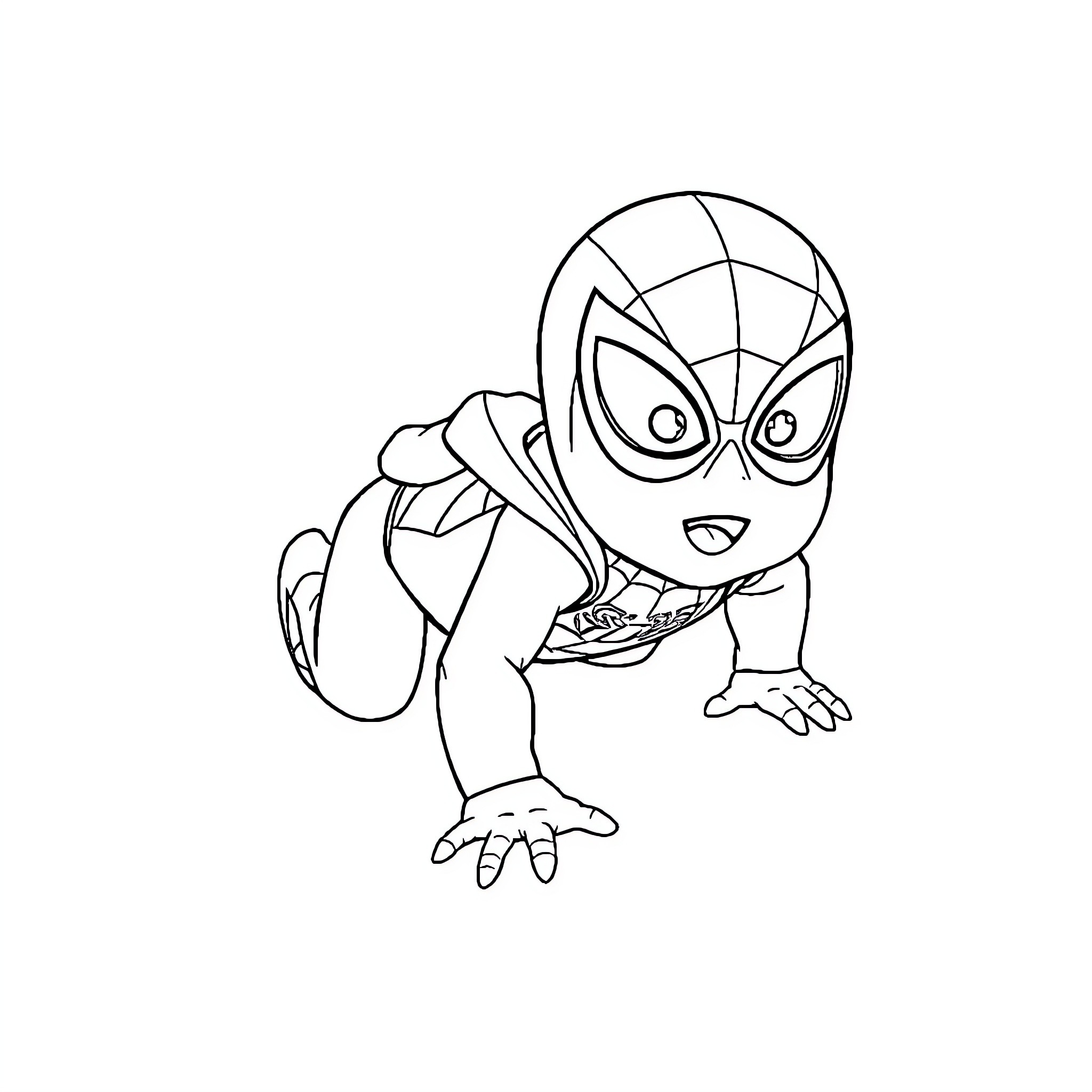Baby Spiderman crawling playfully on the ground Coloring Page (free black-and-white line drawing printable PDF for all, from beginners to advanced learners, including children, teens, adults, and seniors)