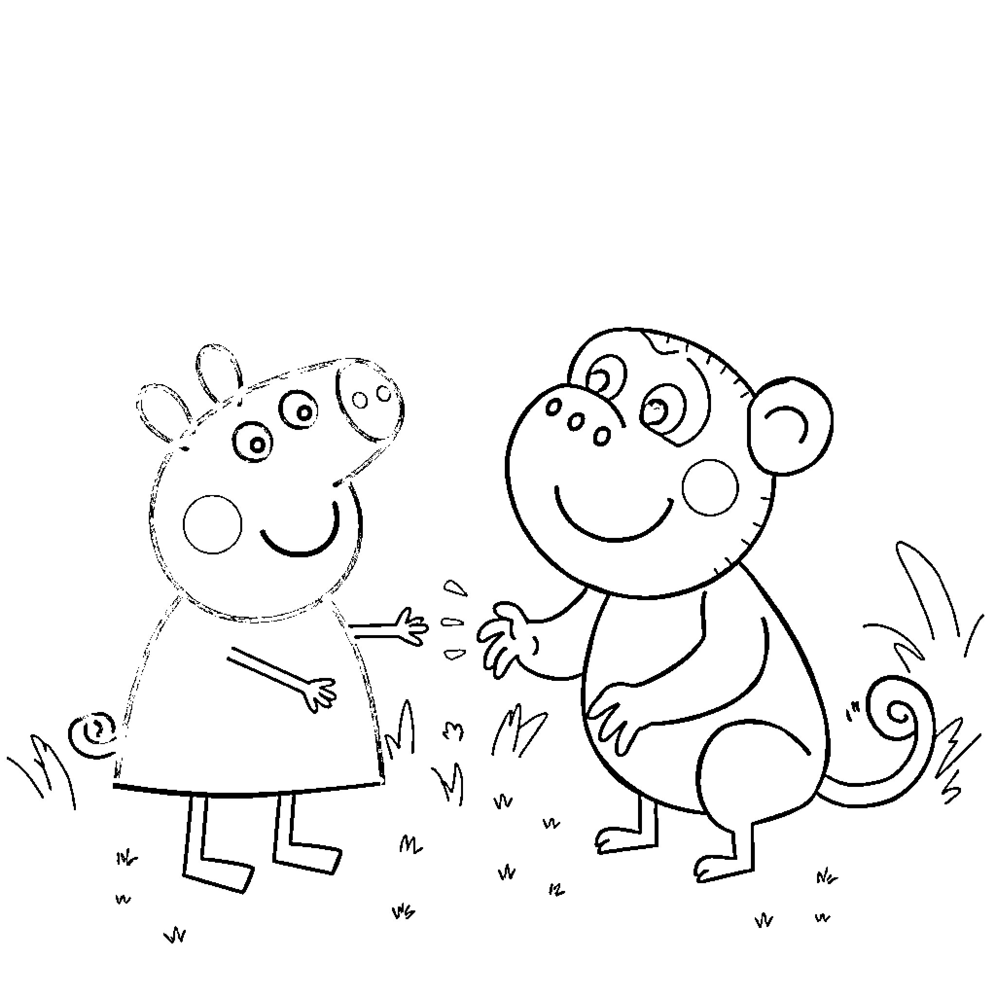 Peppa Pig and George Pig playing outside Coloring Page (free black-and-white line drawing printable PDF for all, from beginners to advanced learners, including children, teens, adults, and seniors)