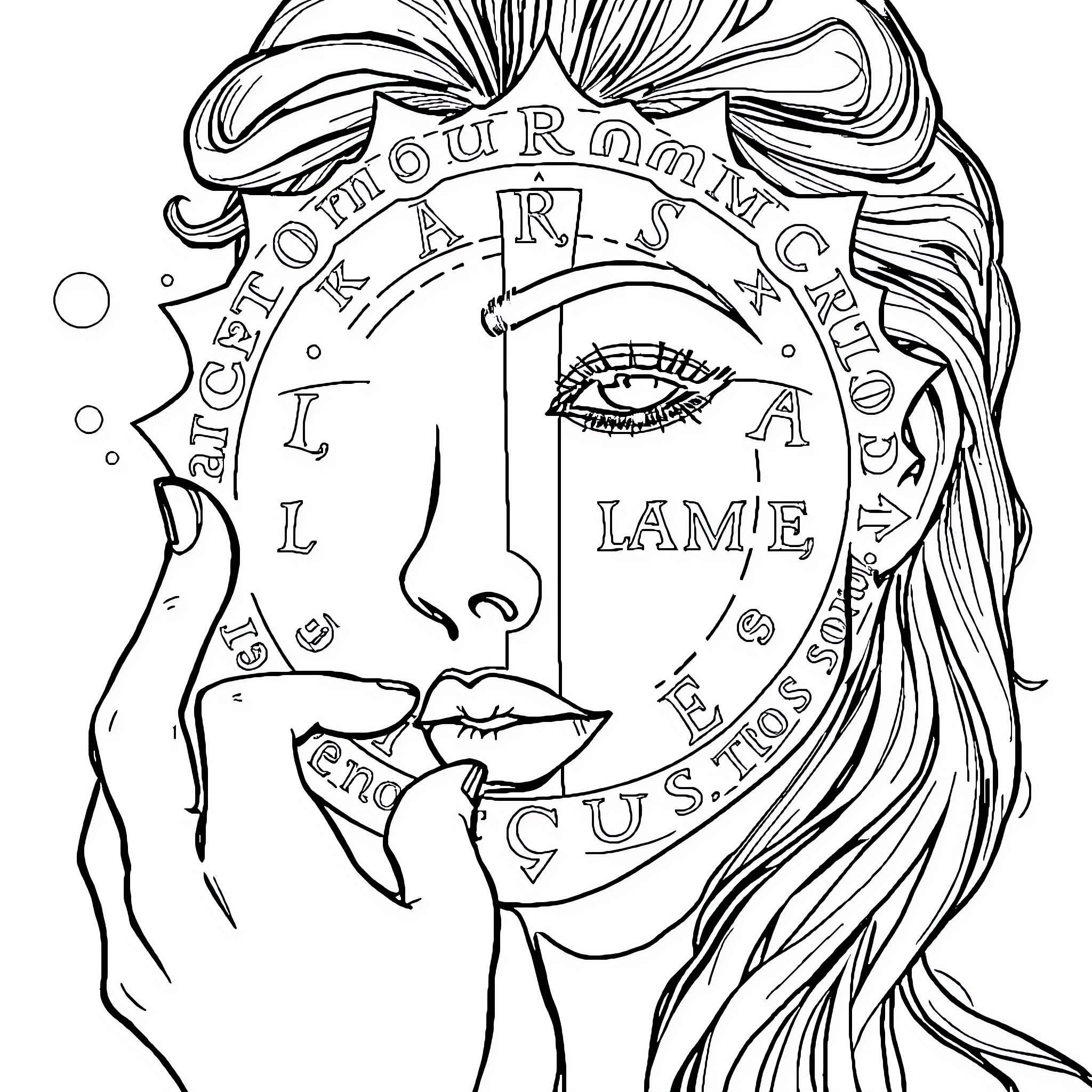 Crucigramas: Intricate face with flourished text Coloring Page (free black-and-white line drawing printable PDF for all, from beginners to advanced learners, including children, teens, adults, and seniors)