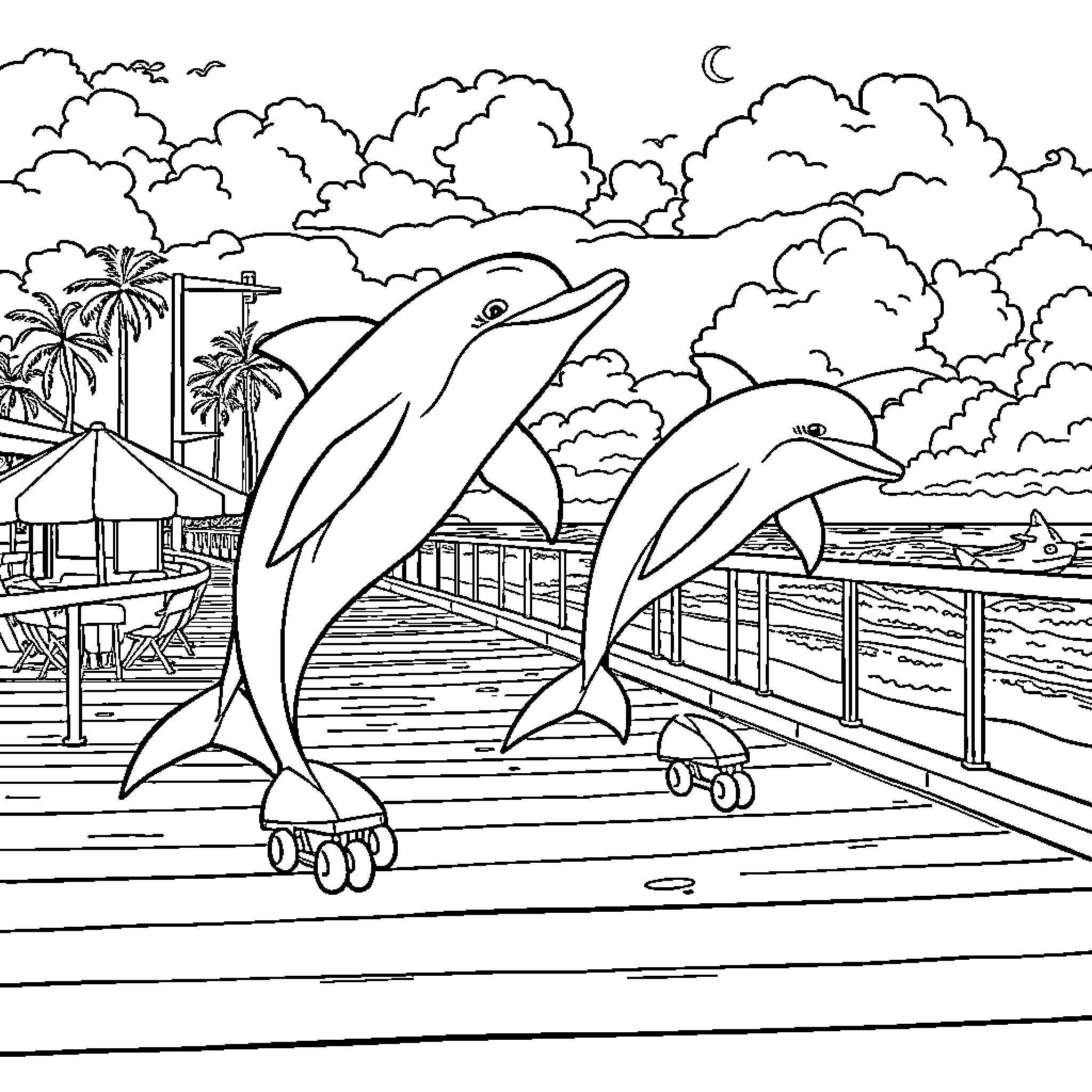 Dolphin pair skates on wooden dock at night Coloring Page (free black-and-white line drawing printable PDF for all, from beginners to advanced learners, including children, teens, adults, and seniors)