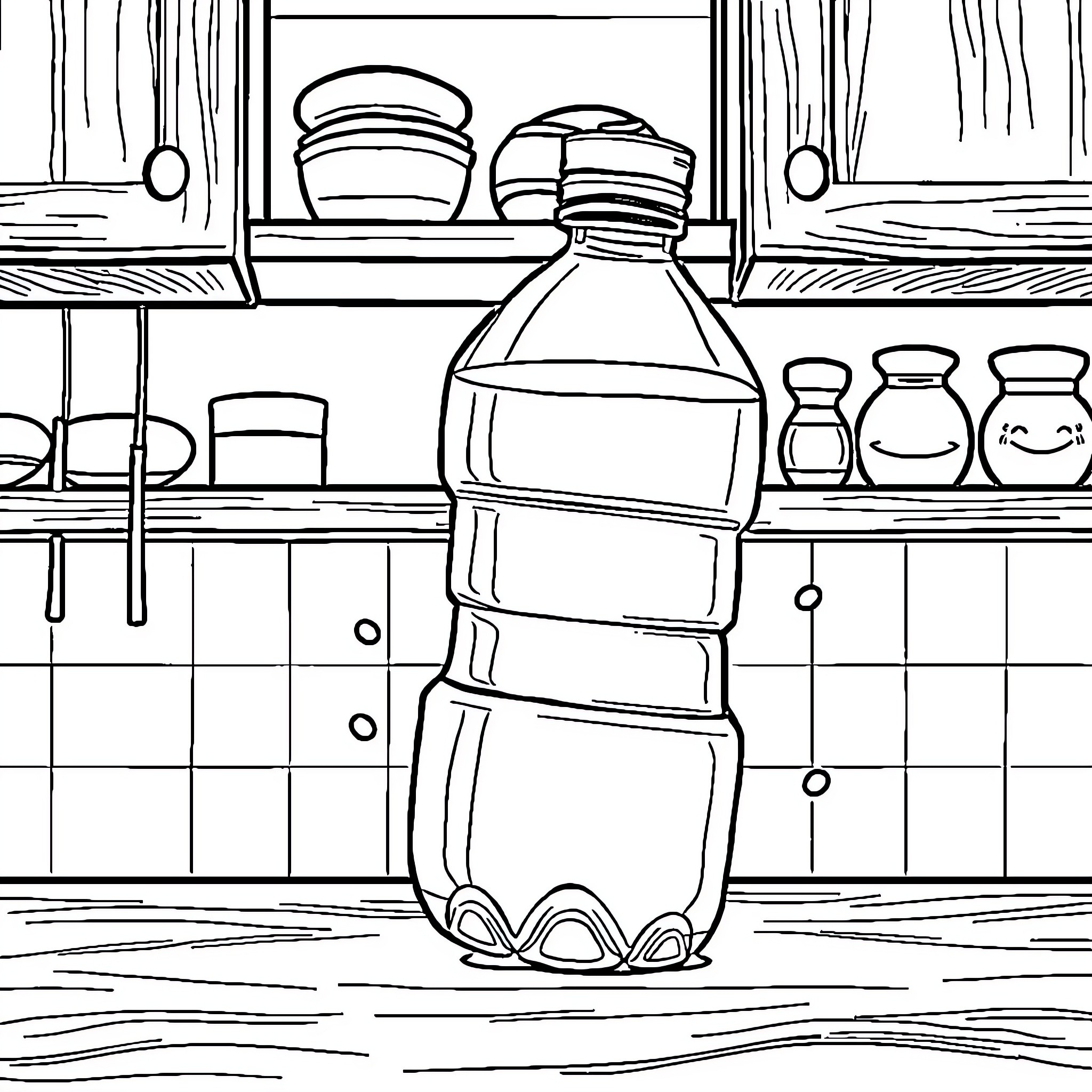 Water Bottle on the Shelf in the Kitchen Coloring Page (free black-and-white line drawing printable PDF for all, from beginners to advanced learners, including children, teens, adults, and seniors)