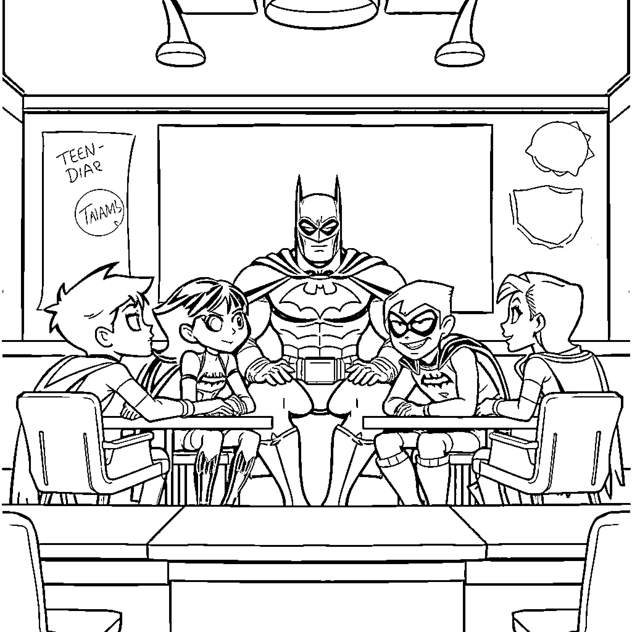 Teen Titans in a Classroom Setting Coloring Page (free black-and-white line drawing printable PDF for all, from beginners to advanced learners, including children, teens, adults, and seniors)