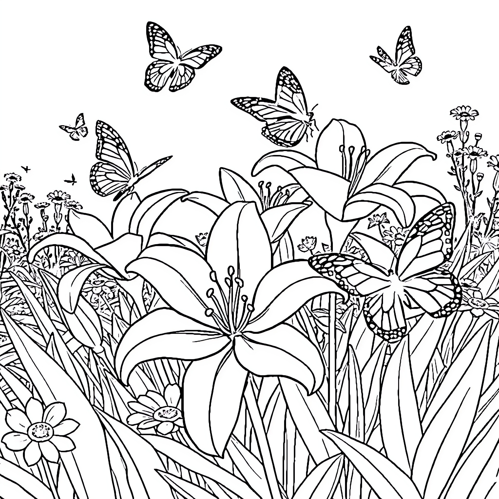 Butterfly garden with flowers and fluttering butterflies Coloring Page (free black-and-white line drawing printable PDF for all, from beginners to advanced learners, including children, teens, adults, and seniors)