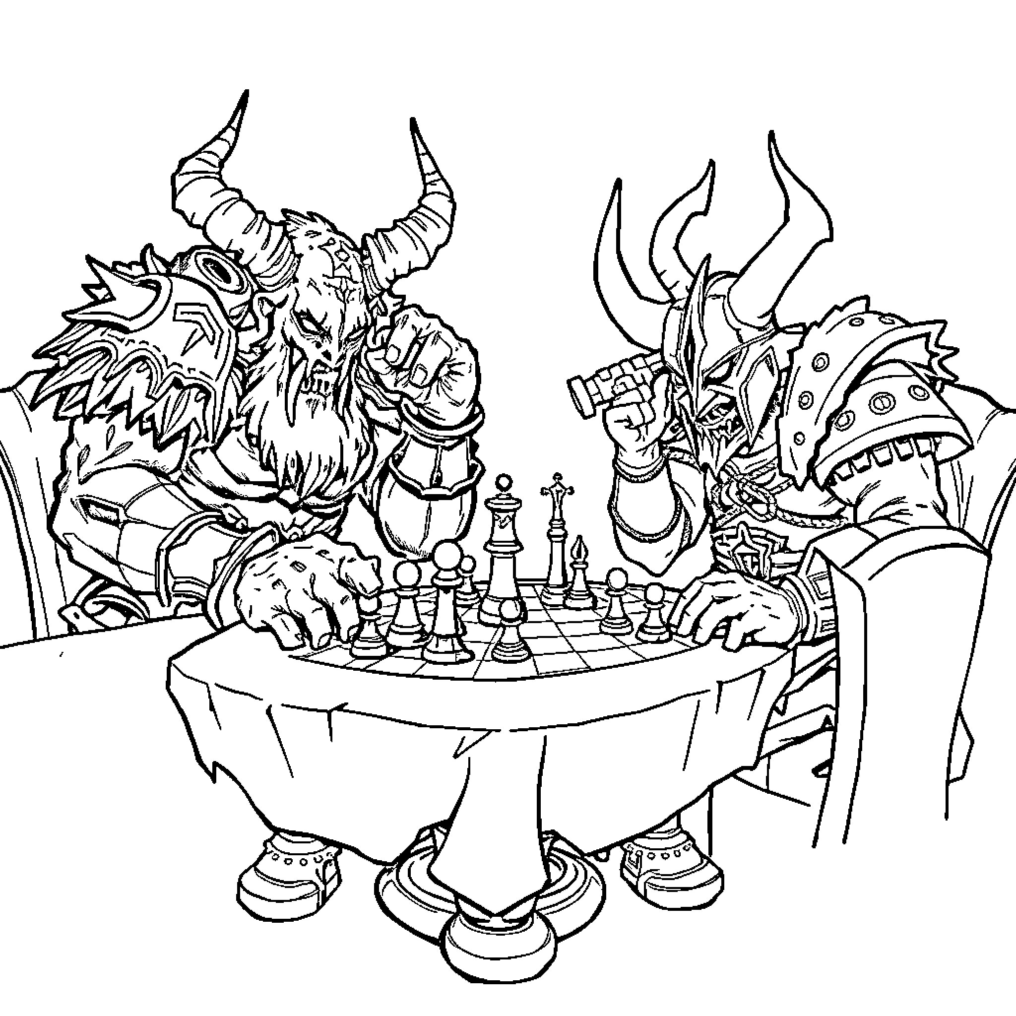 Nurgle's Chess Match Coloring Page (free black-and-white line drawing printable PDF for all, from beginners to advanced learners, including children, teens, adults, and seniors)