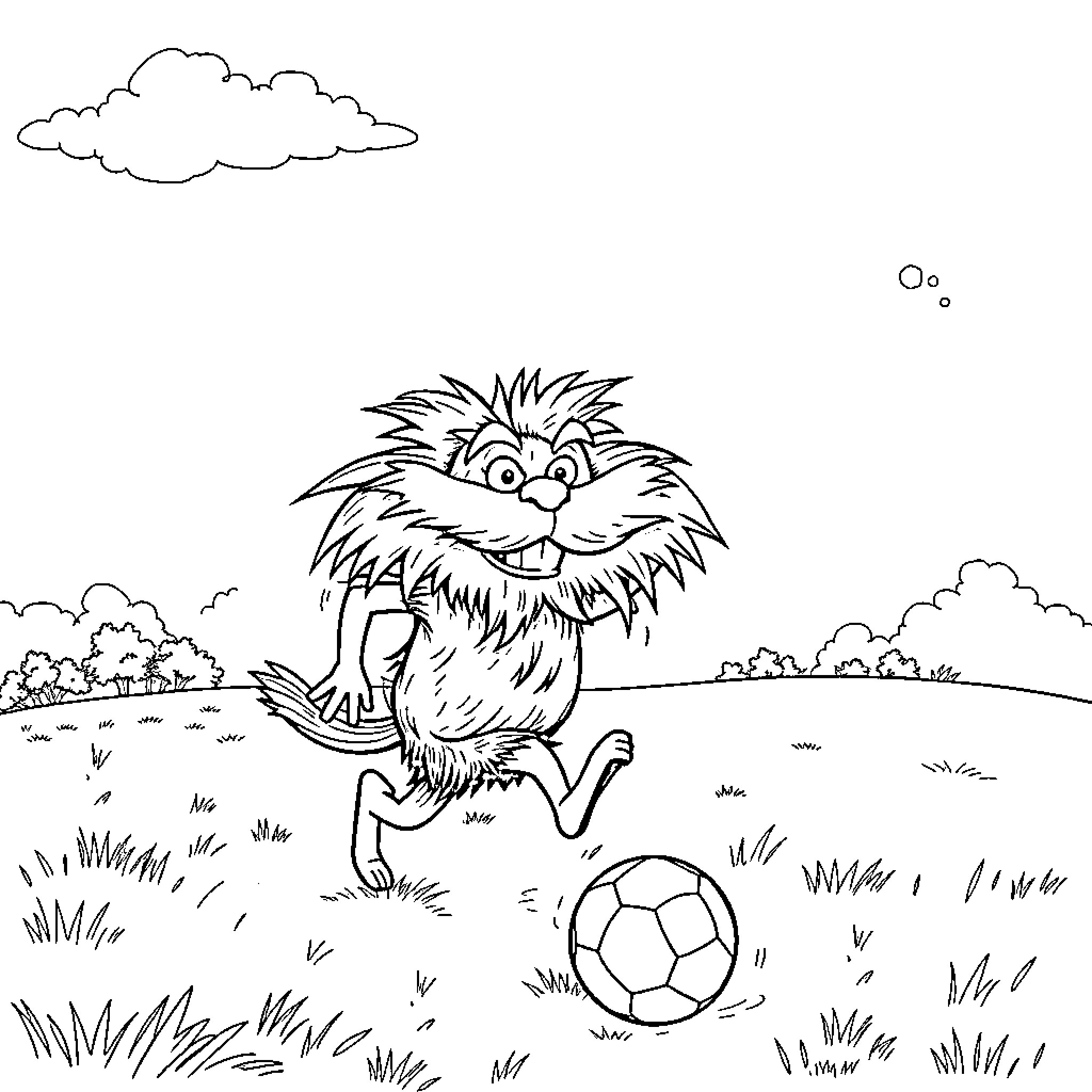 Lorax playing joyfully with soccer ball in nature Coloring Page (free black-and-white line drawing printable PDF for all, from beginners to advanced learners, including children, teens, adults, and seniors)