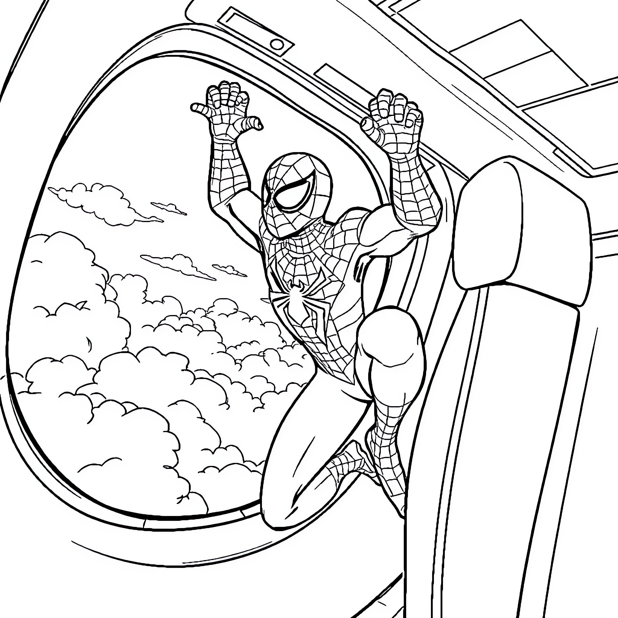 Spiderman swinging through the city Coloring Page (free black-and-white line drawing printable PDF for all, from beginners to advanced learners, including children, teens, adults, and seniors)