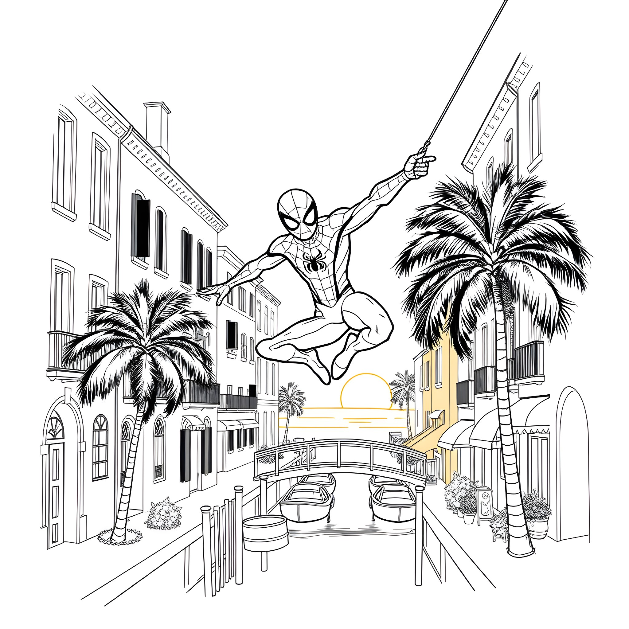 Spiderman swinging through a tropical city landscape Coloring Page (free black-and-white line drawing printable PDF for all, from beginners to advanced learners, including children, teens, adults, and seniors)