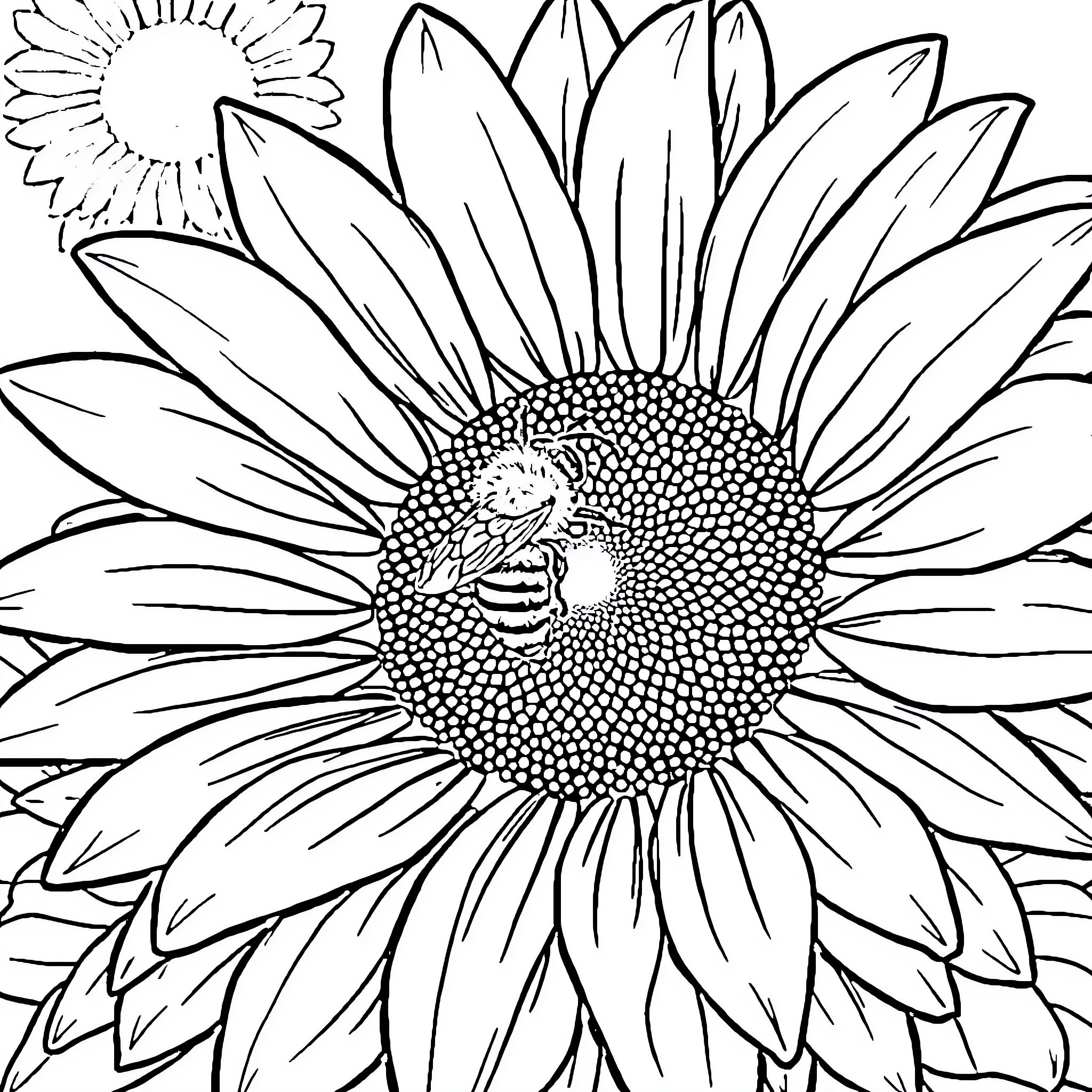 Sunflower with a Buzzing Bee Coloring Page (free black-and-white line drawing printable PDF for all, from beginners to advanced learners, including children, teens, adults, and seniors)