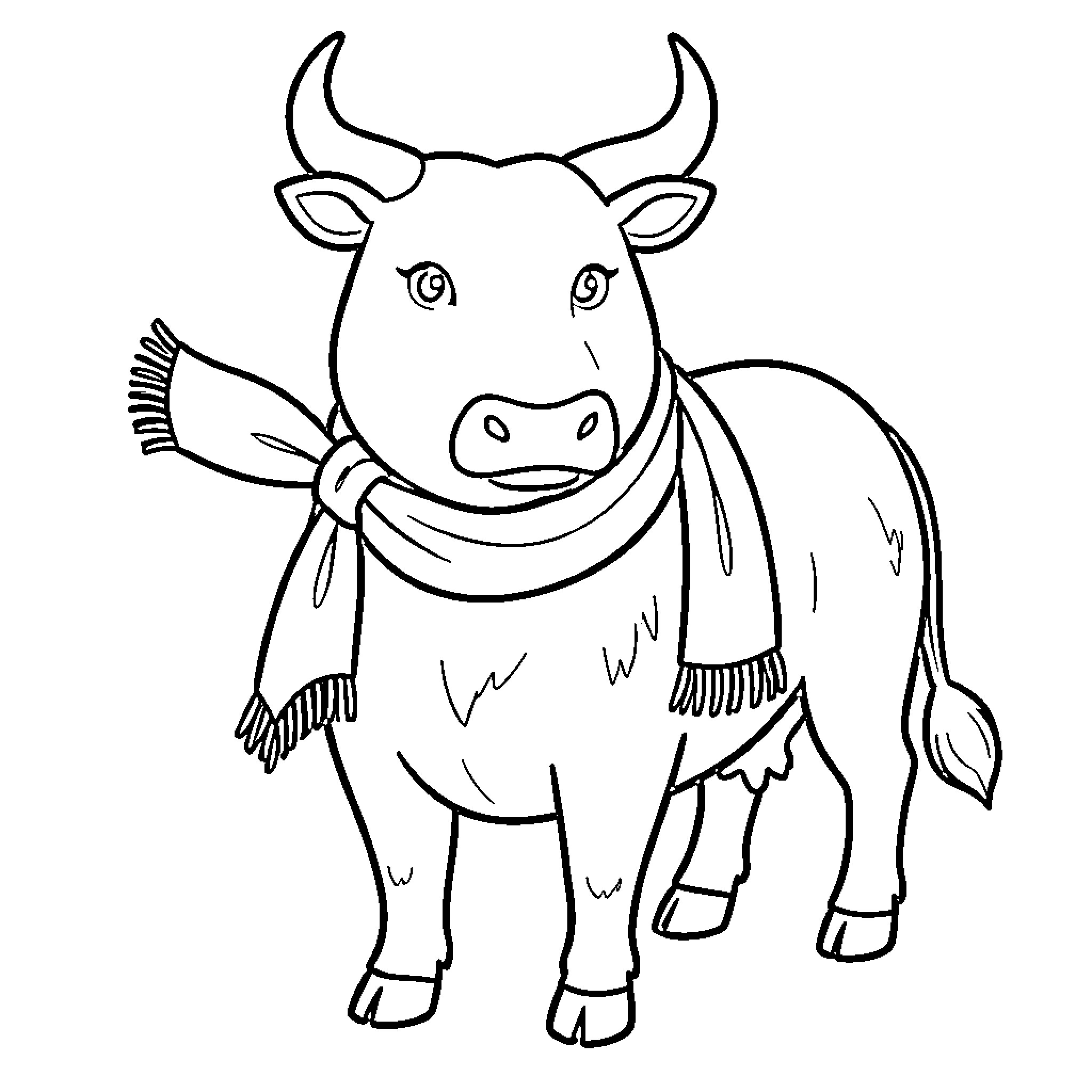 Toro wearing a cozy scarf and standing calmly Coloring Page (free black-and-white line drawing printable PDF for all, from beginners to advanced learners, including children, teens, adults, and seniors)
