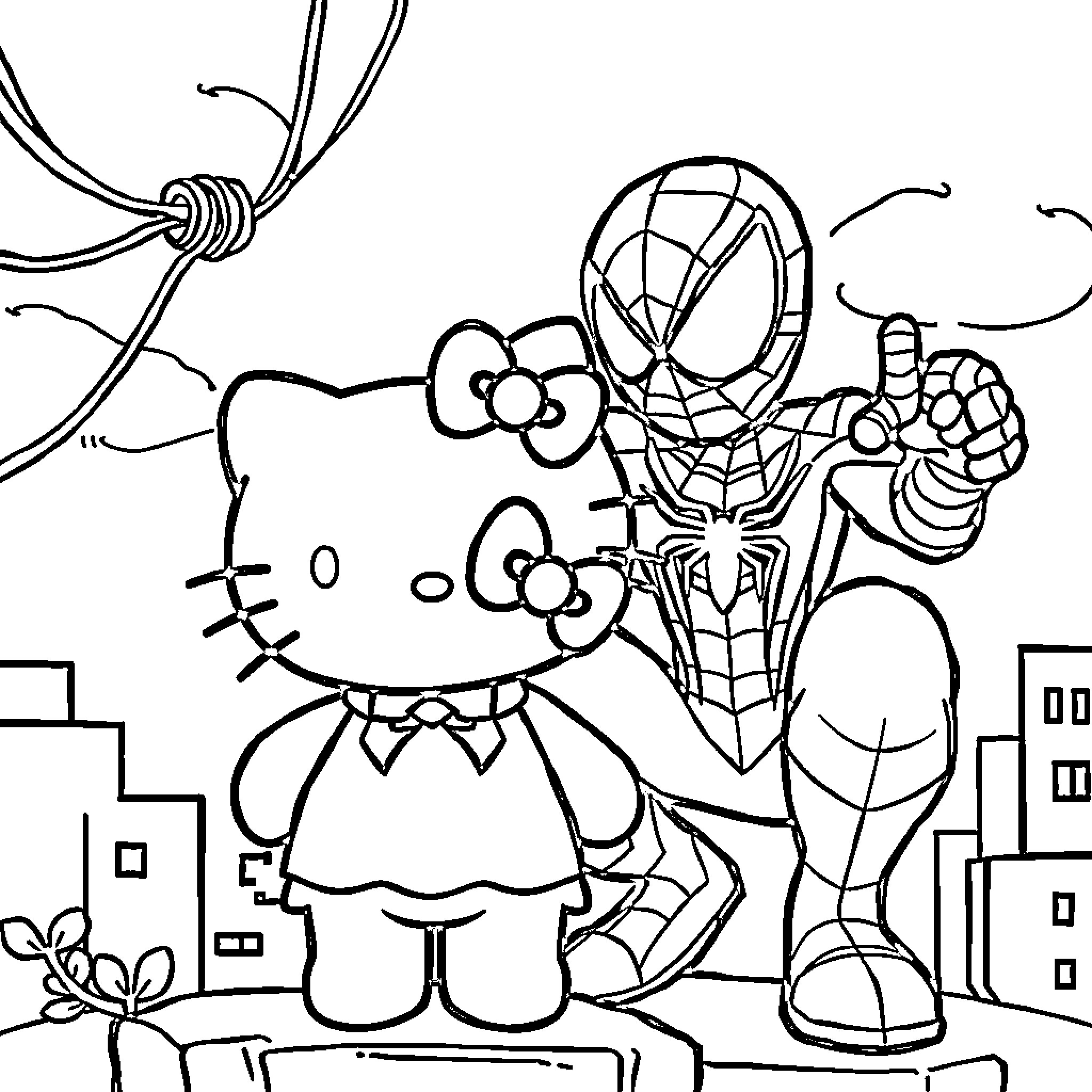Hello Kitty teams up with Spiderman in the city Coloring Page (free black-and-white line drawing printable PDF for all, from beginners to advanced learners, including children, teens, adults, and seniors)