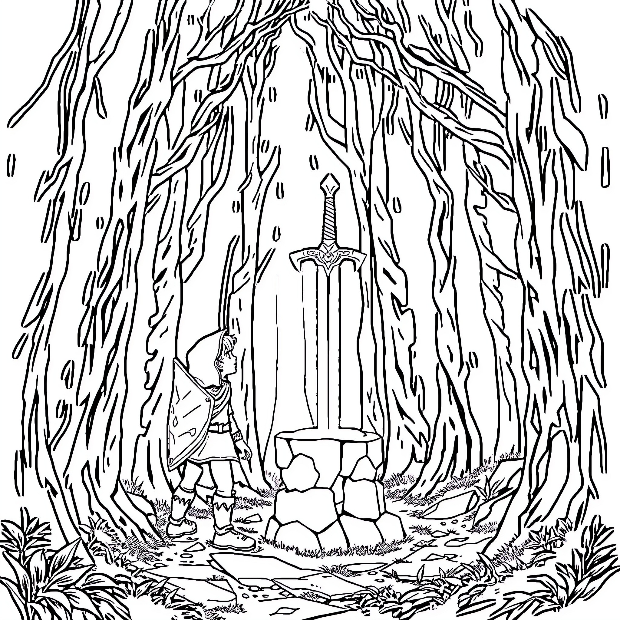 Link exploring the mysterious forest Coloring Page (free black-and-white line drawing printable PDF for all, from beginners to advanced learners, including children, teens, adults, and seniors)