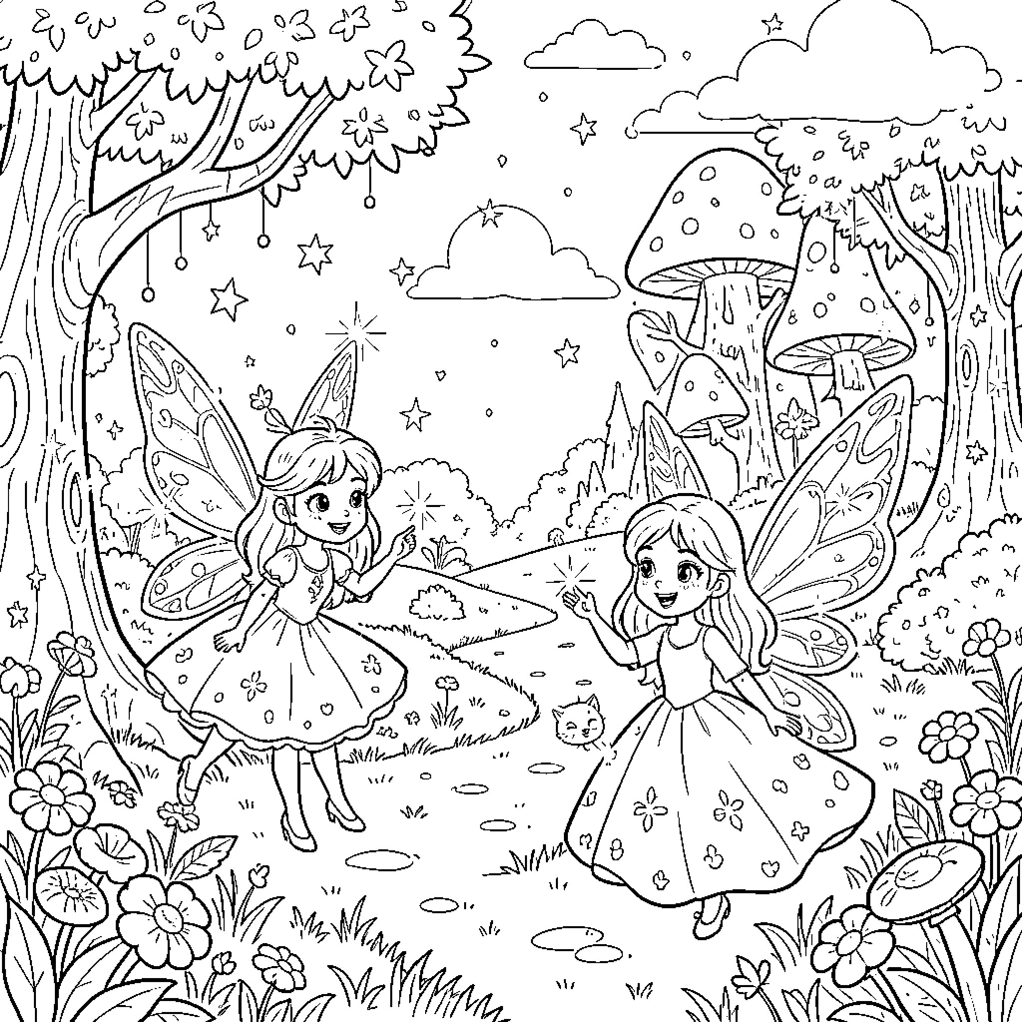 Tooth Fairy Fairies Exploring the Enchanted Forest Coloring Page (free black-and-white line drawing printable PDF for all, from beginners to advanced learners, including children, teens, adults, and seniors)