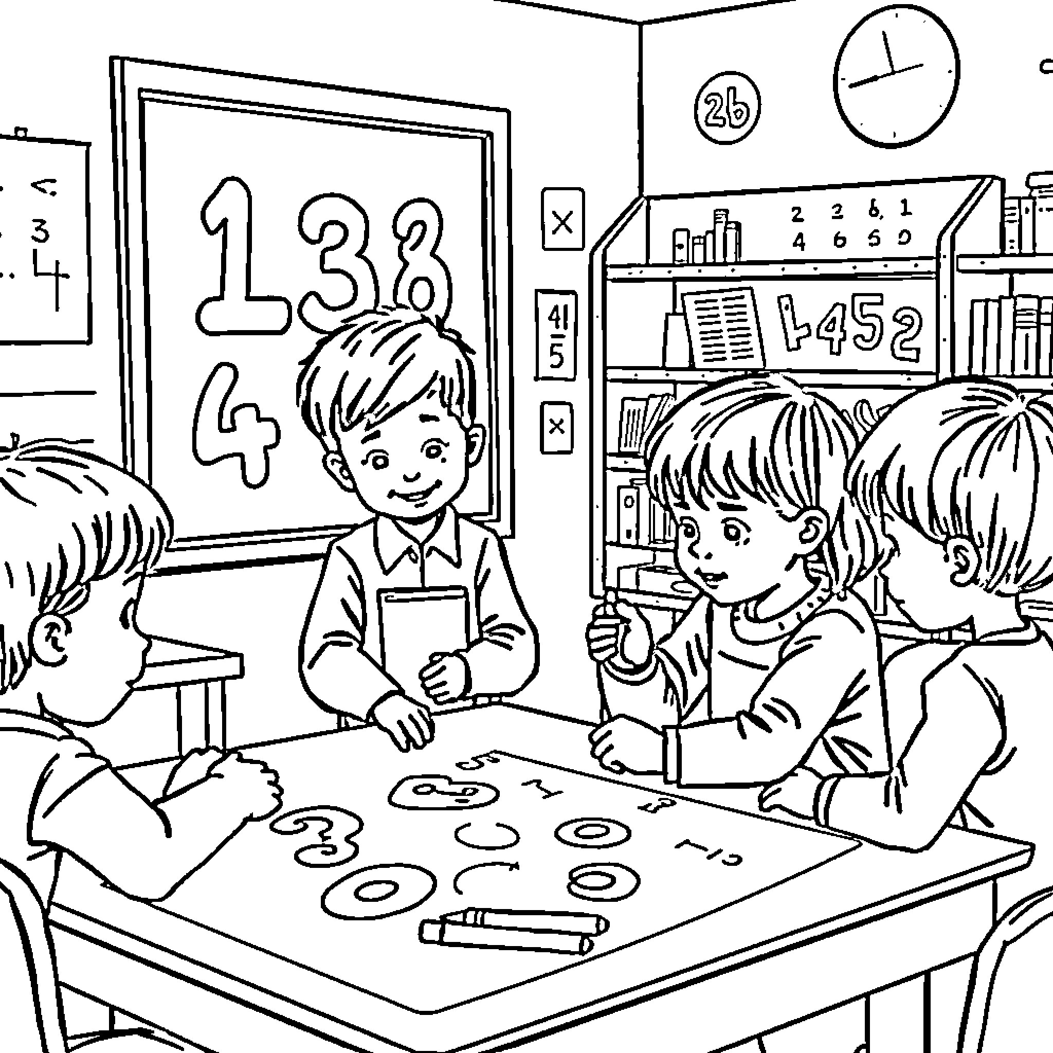 Math Lesson with Students Learning at Desk Coloring Page (free black-and-white line drawing printable PDF for all, from beginners to advanced learners, including children, teens, adults, and seniors)