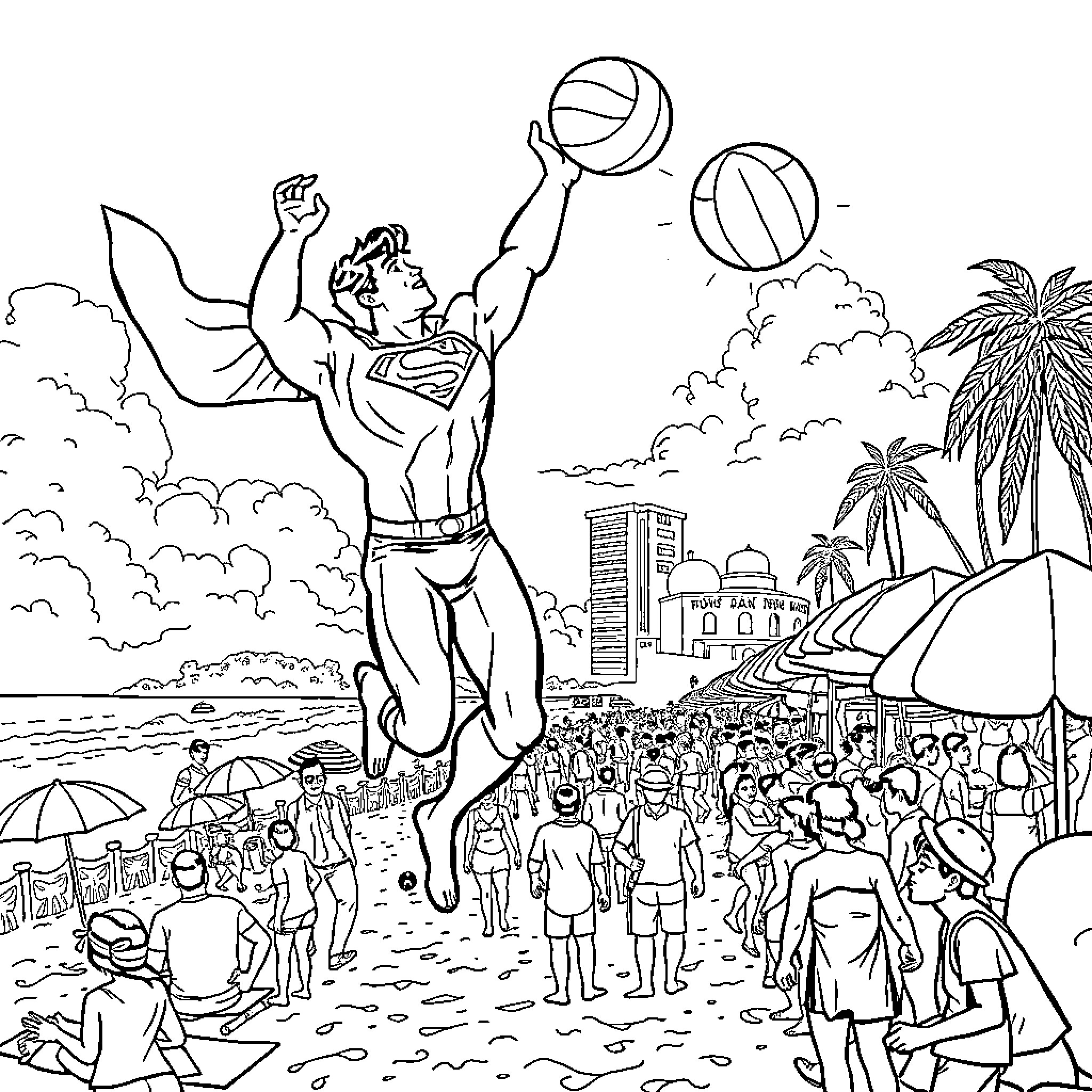 Superman performing impressive feats on a crowded beach Coloring Page (free black-and-white line drawing printable PDF for all, from beginners to advanced learners, including children, teens, adults, and seniors)