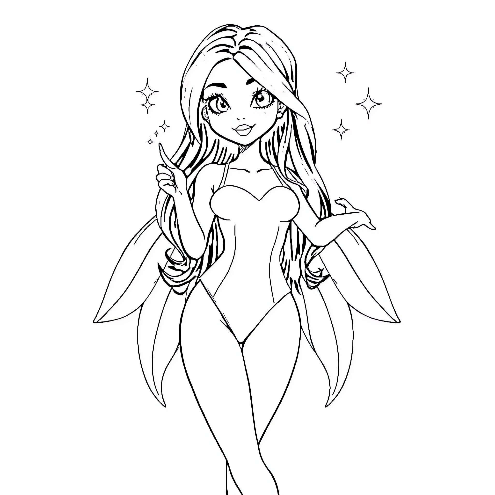 Girl fairy with long hair and sparkling dress Coloring Page (free black-and-white line drawing printable PDF for all, from beginners to advanced learners, including children, teens, adults, and seniors)