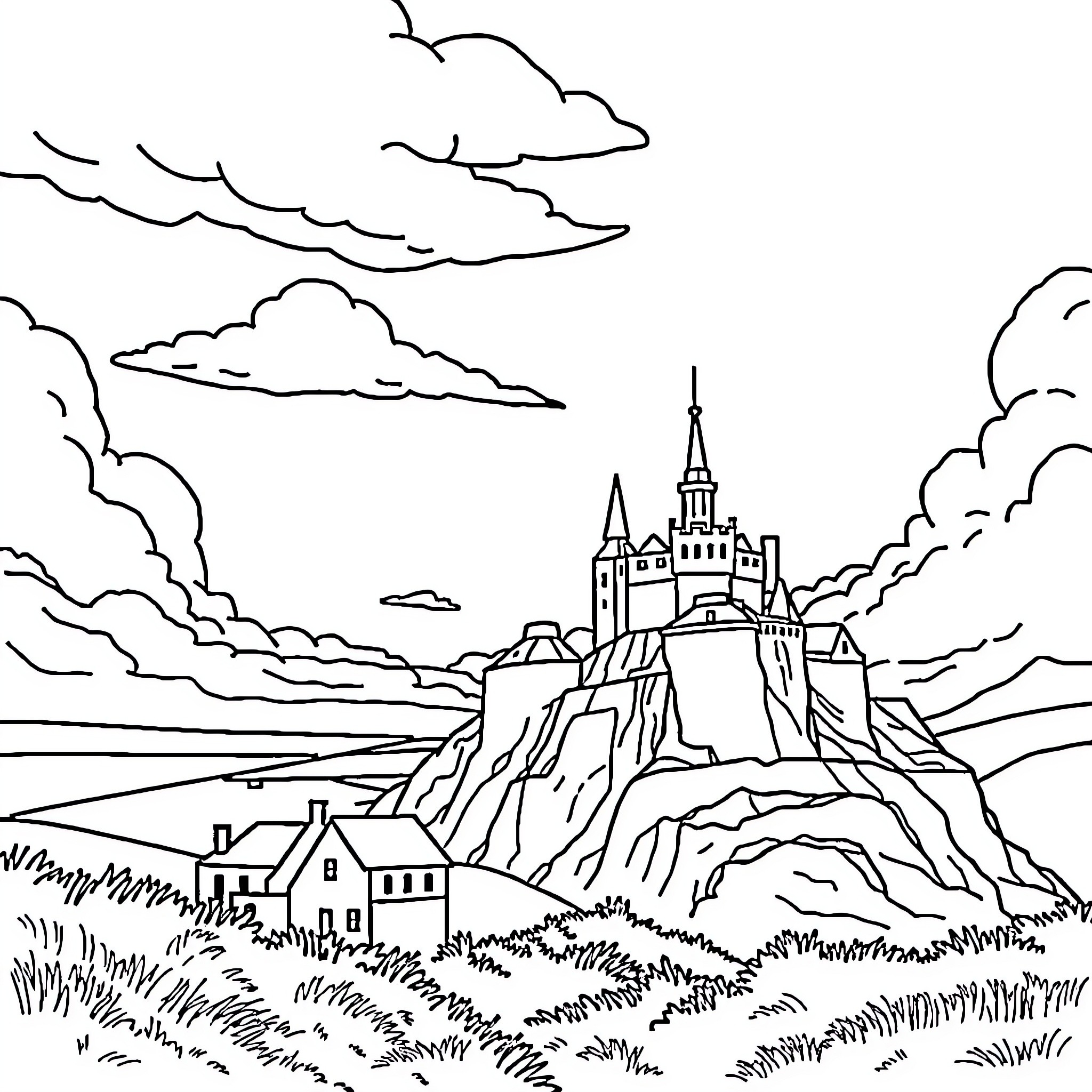 Normandy castle on a hilltop overlooking the countryside Coloring Page (free black-and-white line drawing printable PDF for all, from beginners to advanced learners, including children, teens, adults, and seniors)
