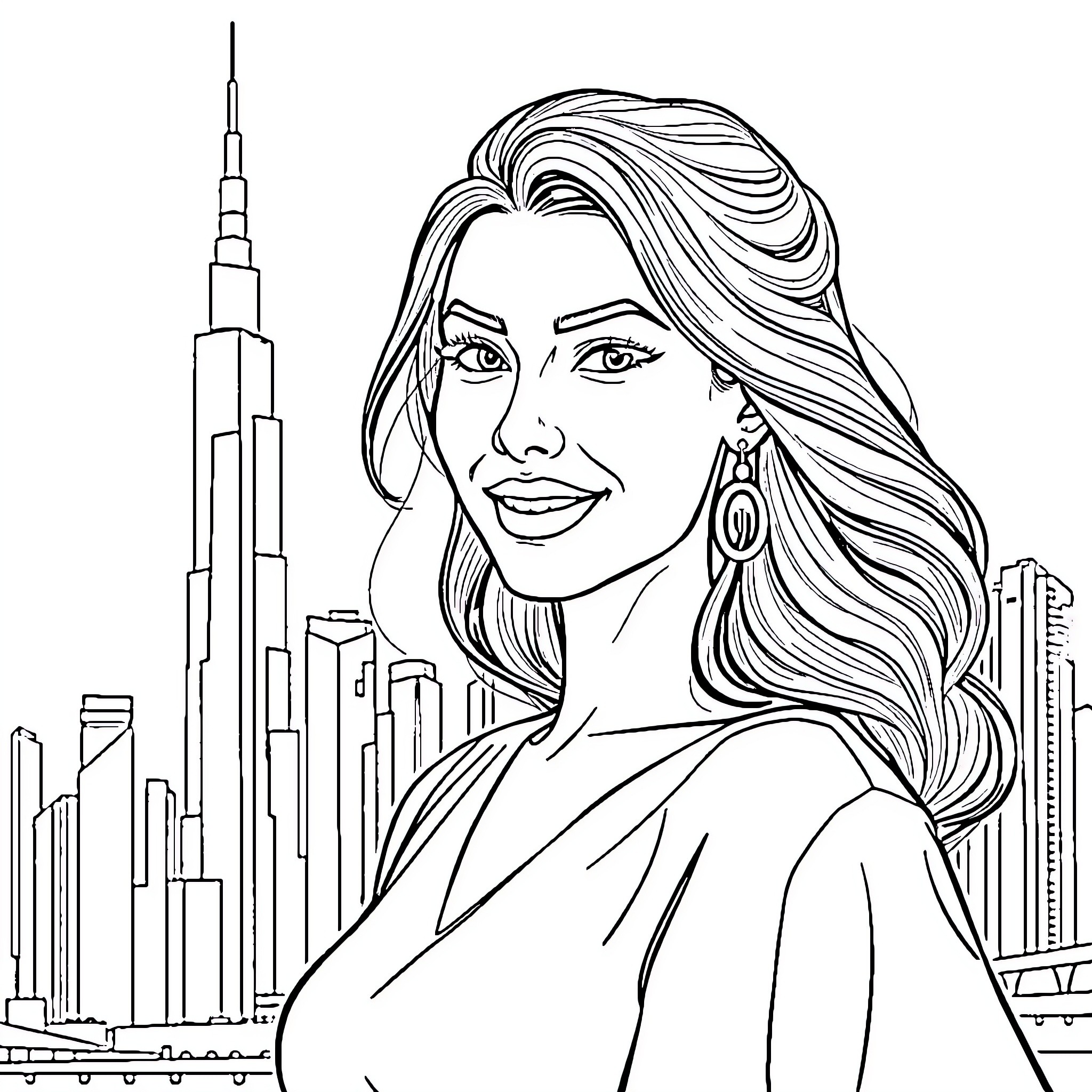 Mía Kalifa's Portrait in the City Skyline Coloring Page (free black-and-white line drawing printable PDF for all, from beginners to advanced learners, including children, teens, adults, and seniors)