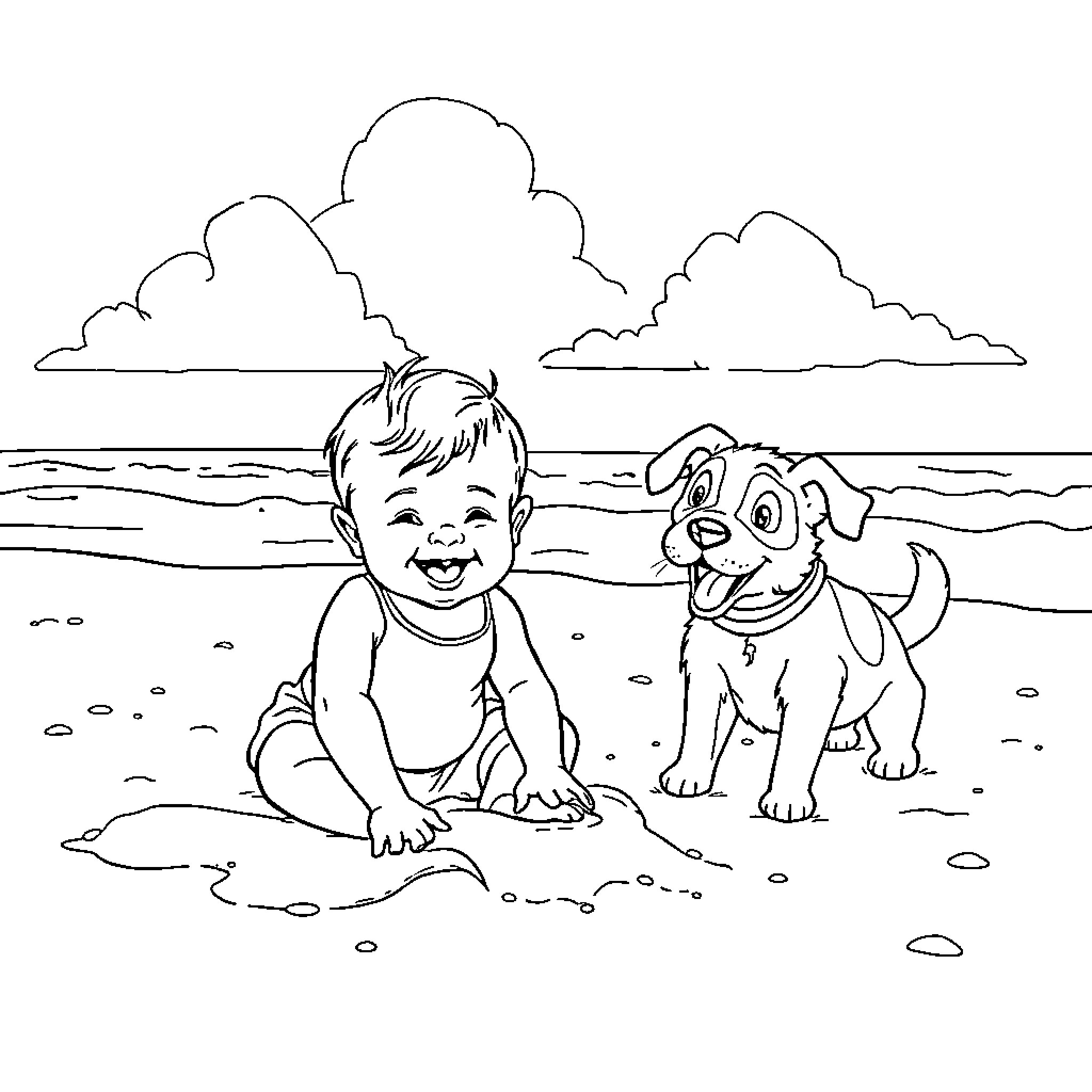 Baby playing joyfully with puppy on the beach Coloring Page (free black-and-white line drawing printable PDF for all, from beginners to advanced learners, including children, teens, adults, and seniors)