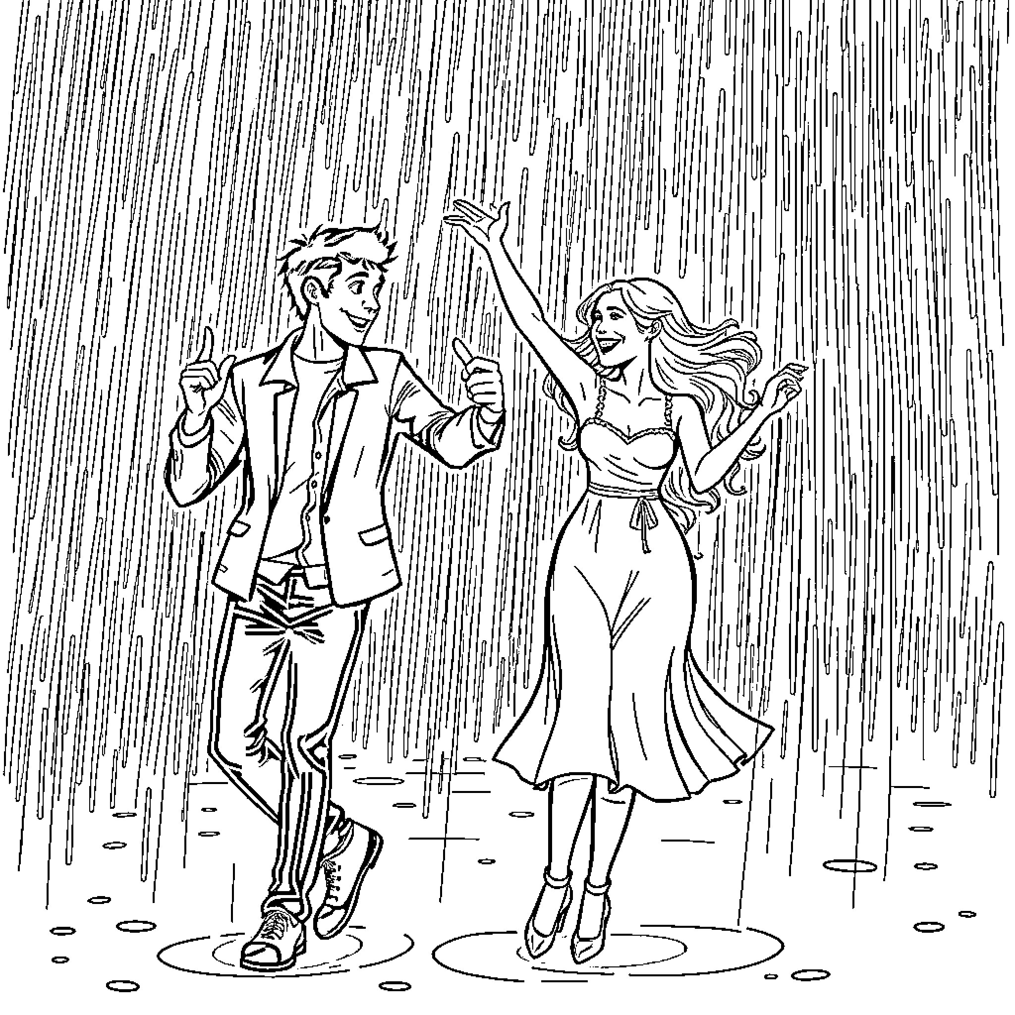 Couple dancing joyfully under the rain Coloring Page (free black-and-white line drawing printable PDF for all, from beginners to advanced learners, including children, teens, adults, and seniors)