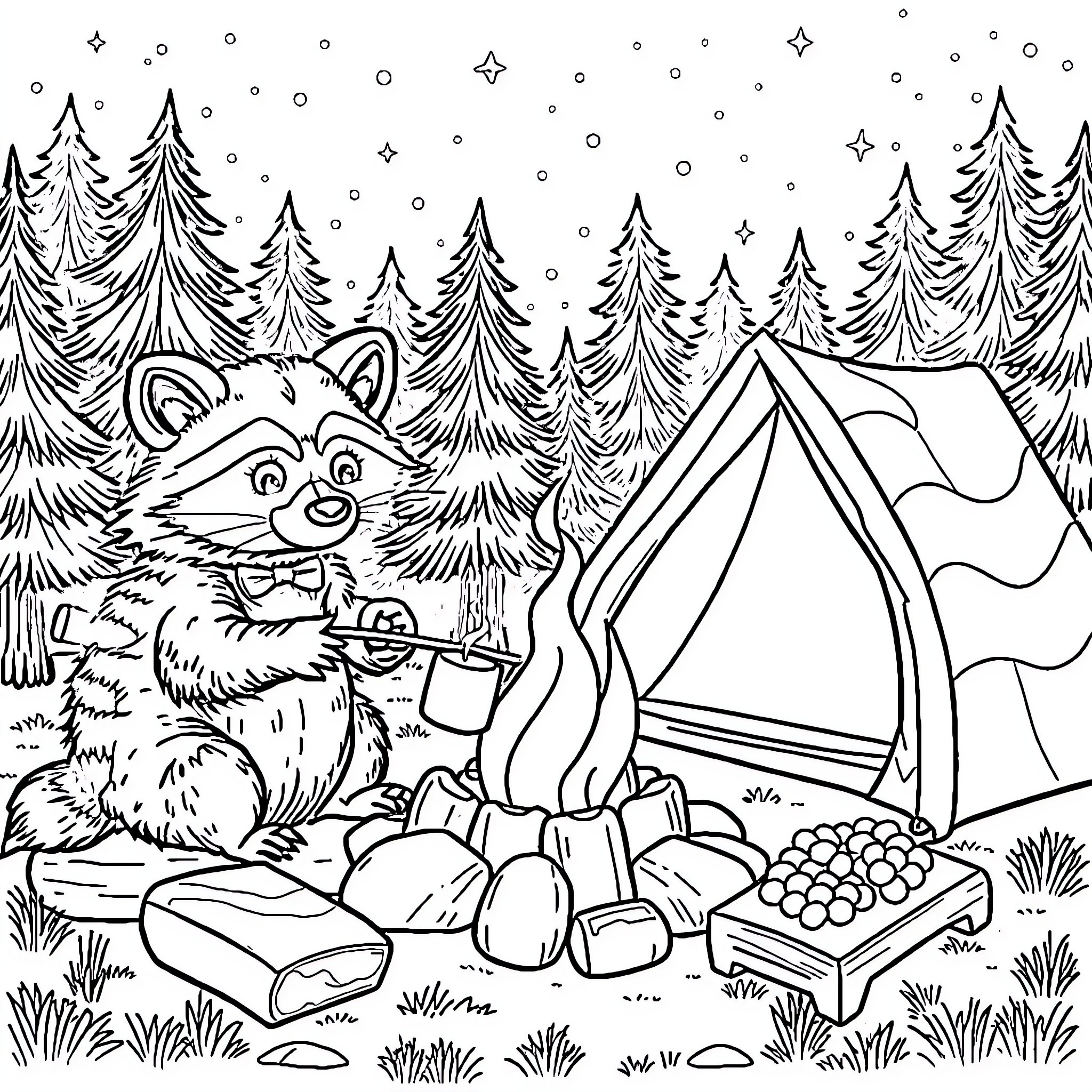 Raccoon enjoying a camping trip in the snowy forest Coloring Page (free black-and-white line drawing printable PDF for all, from beginners to advanced learners, including children, teens, adults, and seniors)