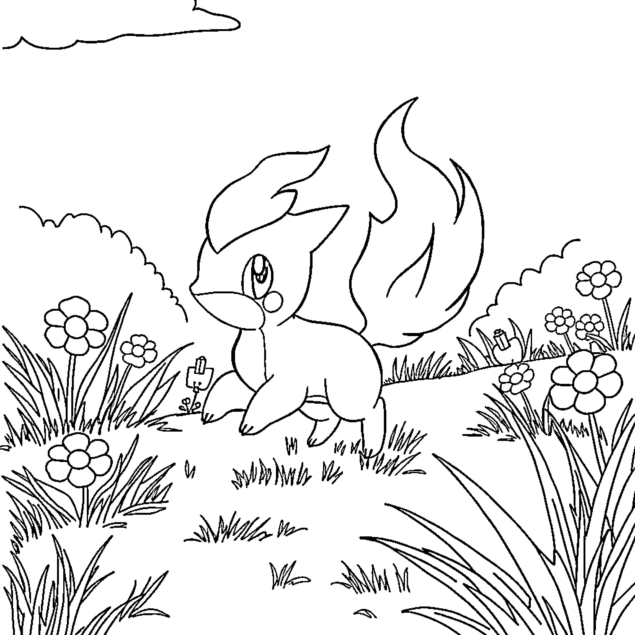 Glumanda exploring a floral landscape Coloring Page (free black-and-white line drawing printable PDF for all, from beginners to advanced learners, including children, teens, adults, and seniors)