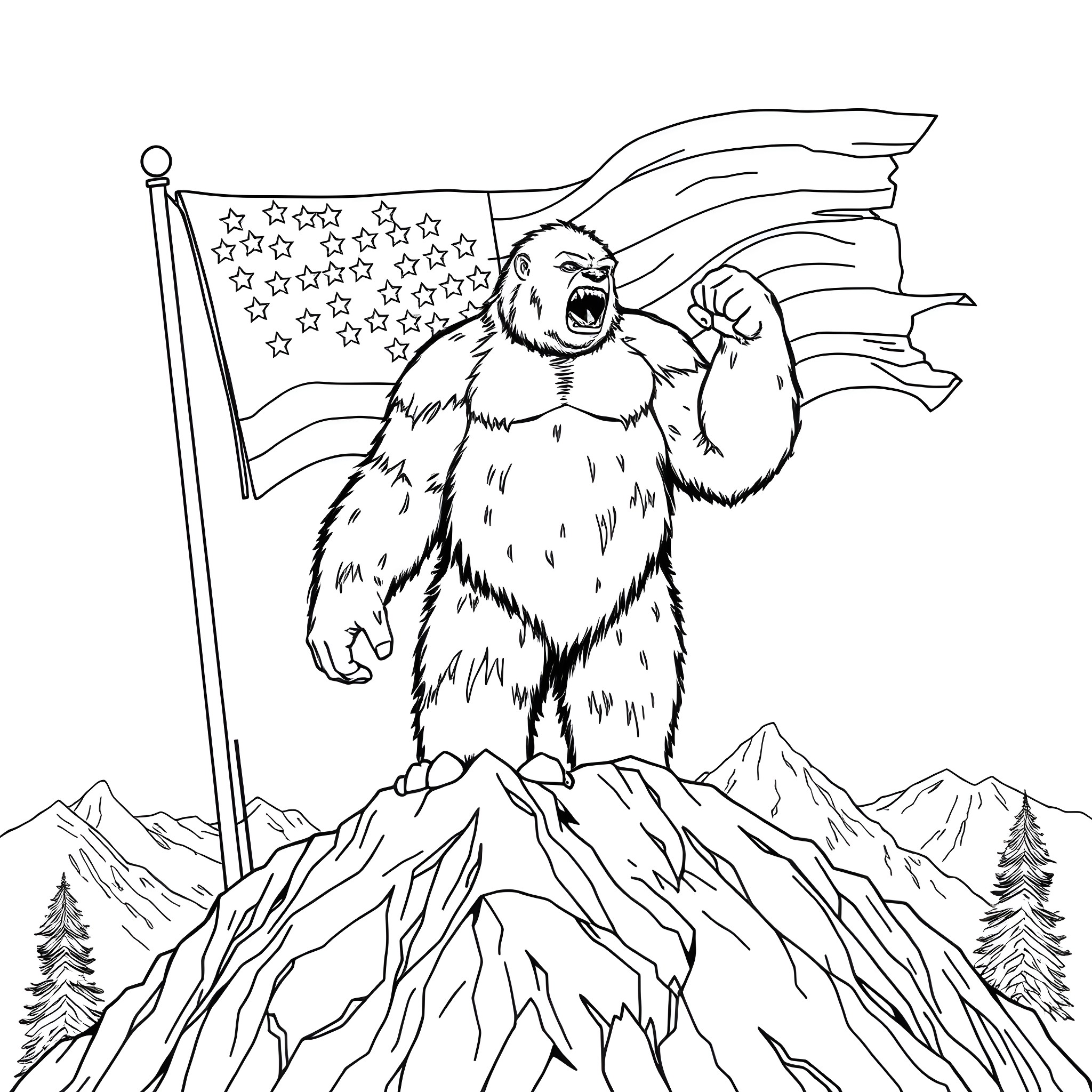 Yeti proudly waving the American flag on the mountain Coloring Page (free black-and-white line drawing printable PDF for all, from beginners to advanced learners, including children, teens, adults, and seniors)