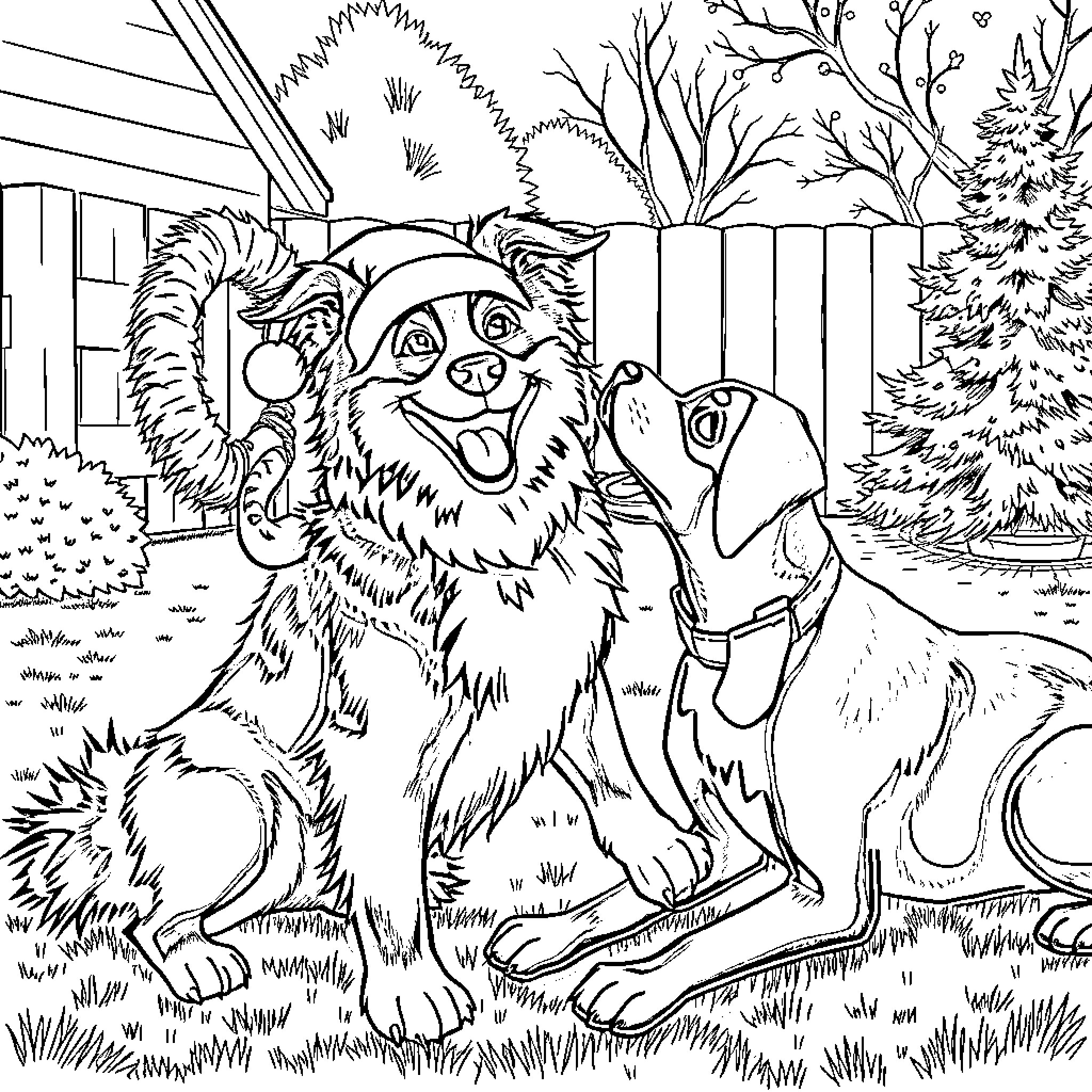 Dog playing happily in the winter wonderland Coloring Page (free black-and-white line drawing printable PDF for all, from beginners to advanced learners, including children, teens, adults, and seniors)