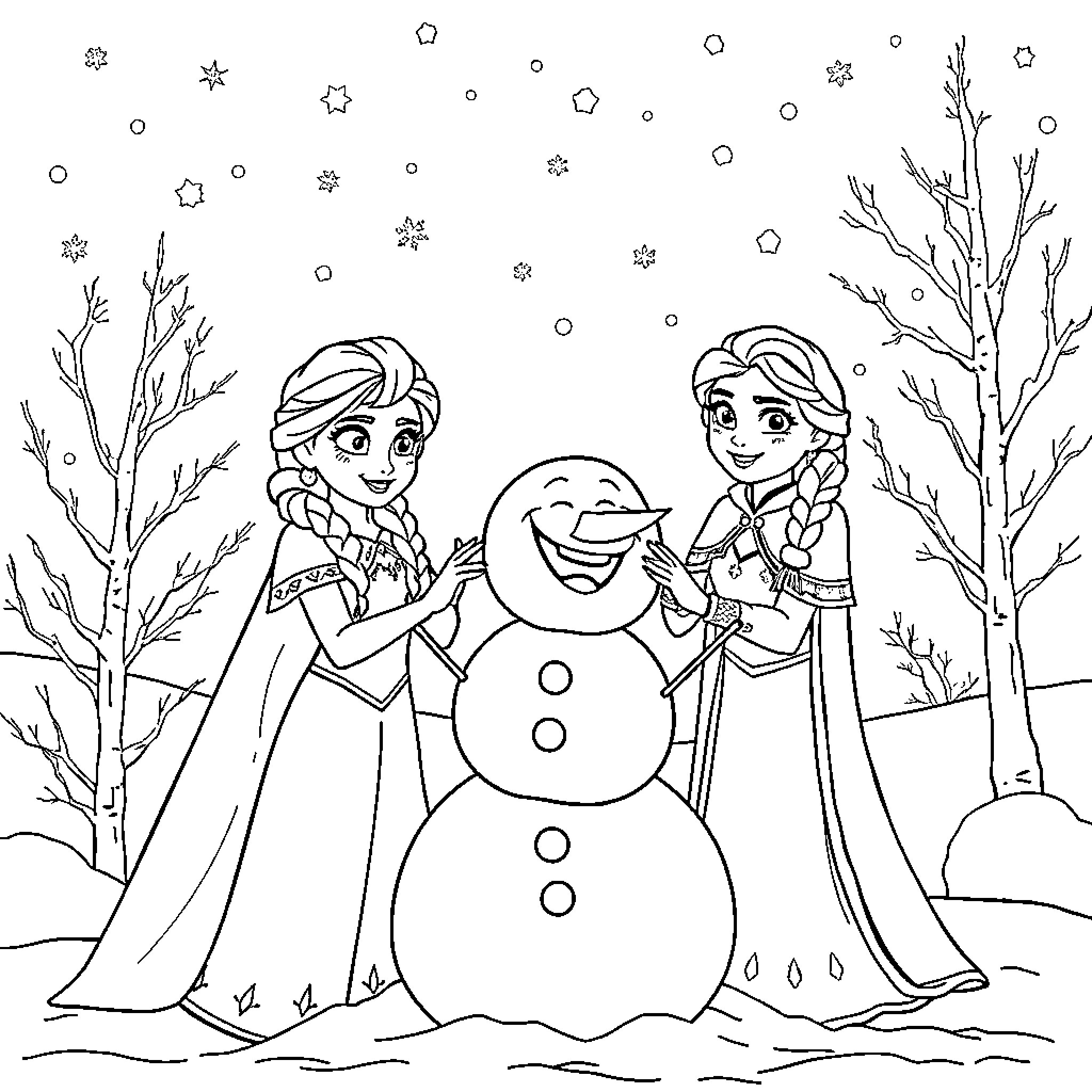 Elsa and Anna building a snowman in the winter wonderland Coloring Page (free black-and-white line drawing printable PDF for all, from beginners to advanced learners, including children, teens, adults, and seniors)