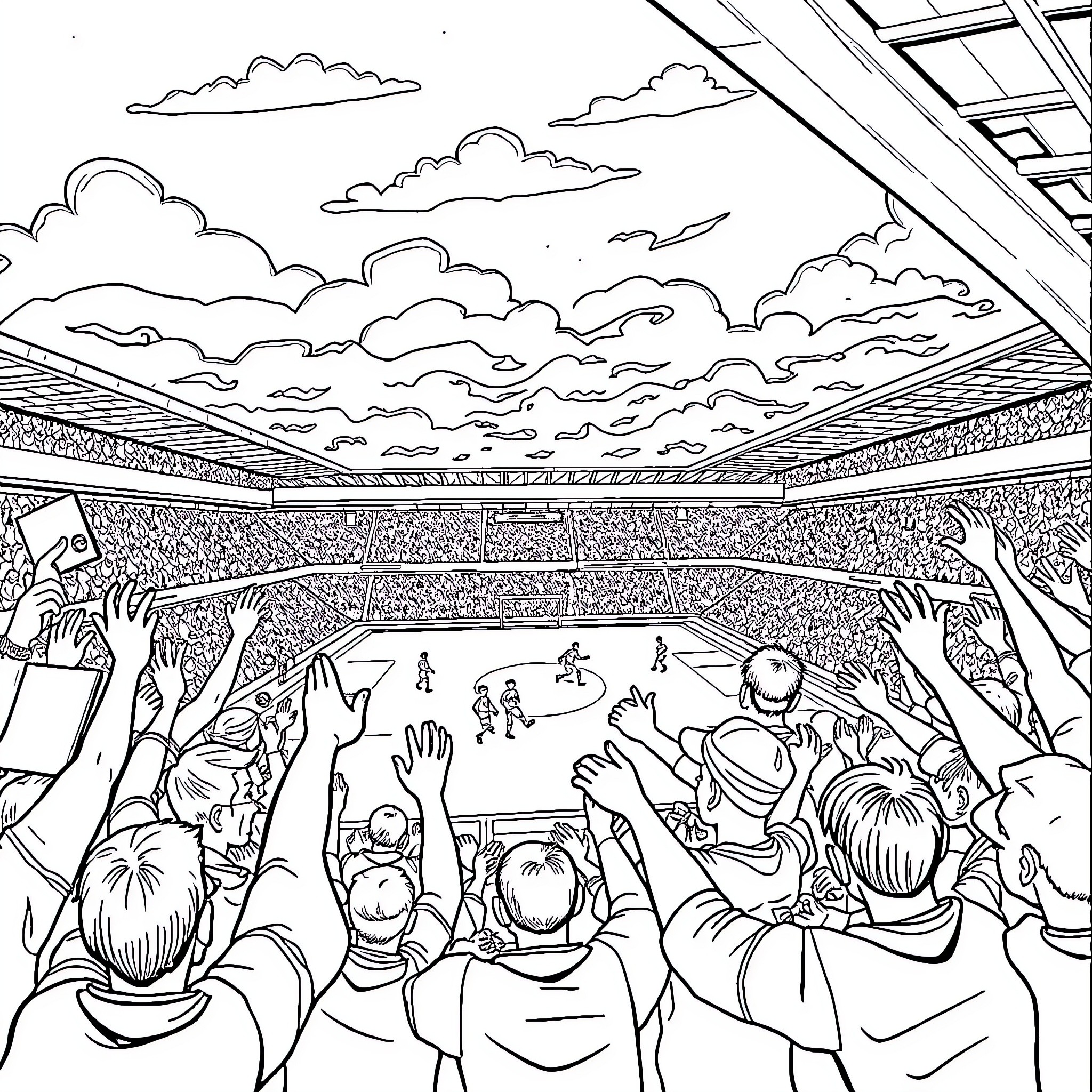 Old Trafford - Fans Cheering and Celebrating at Soccer Stadium Coloring Page (free black-and-white line drawing printable PDF for all, from beginners to advanced learners, including children, teens, adults, and seniors)