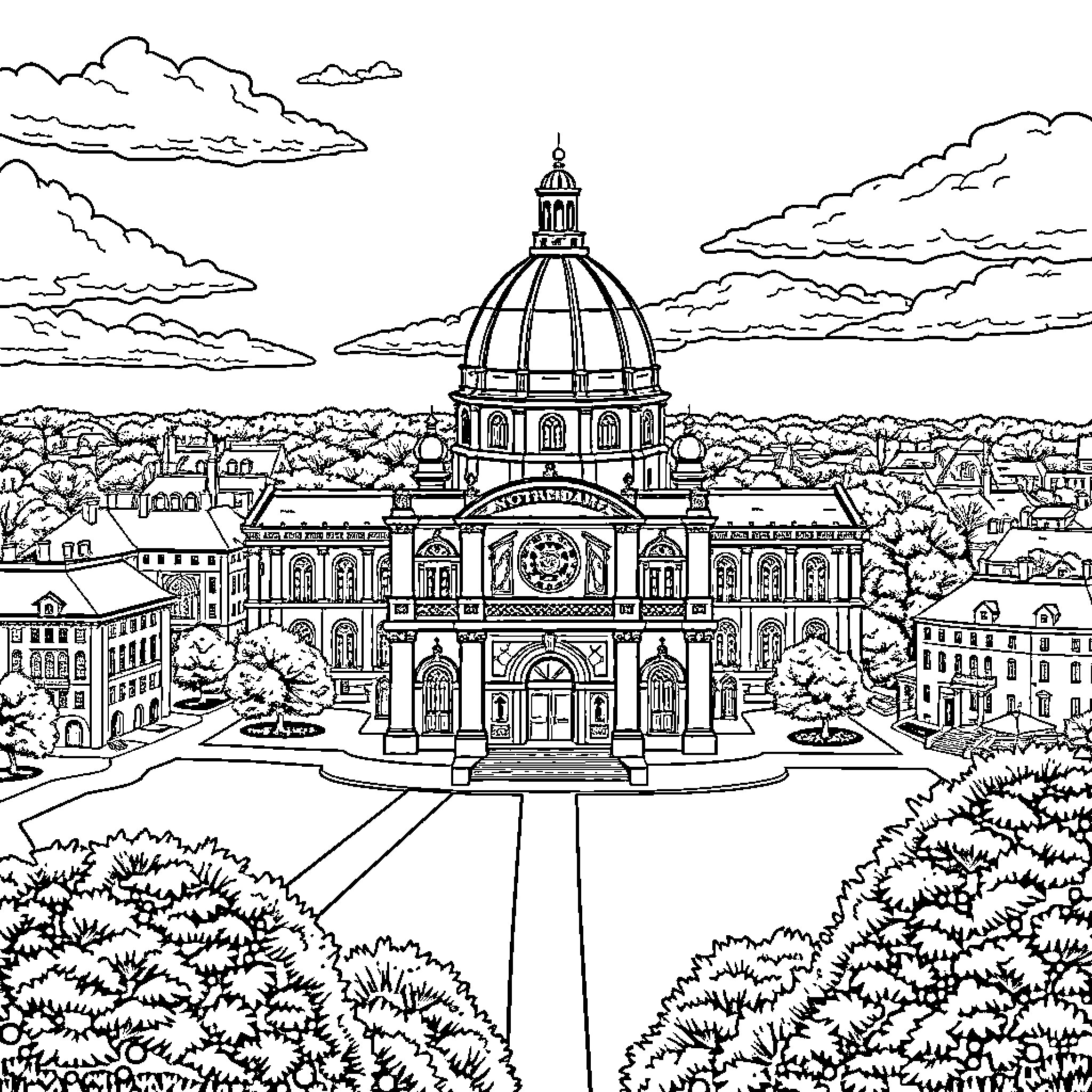 Notre-Dame Cathedral in Scenic Cityscape Coloring Page (free black-and-white line drawing printable PDF for all, from beginners to advanced learners, including children, teens, adults, and seniors)