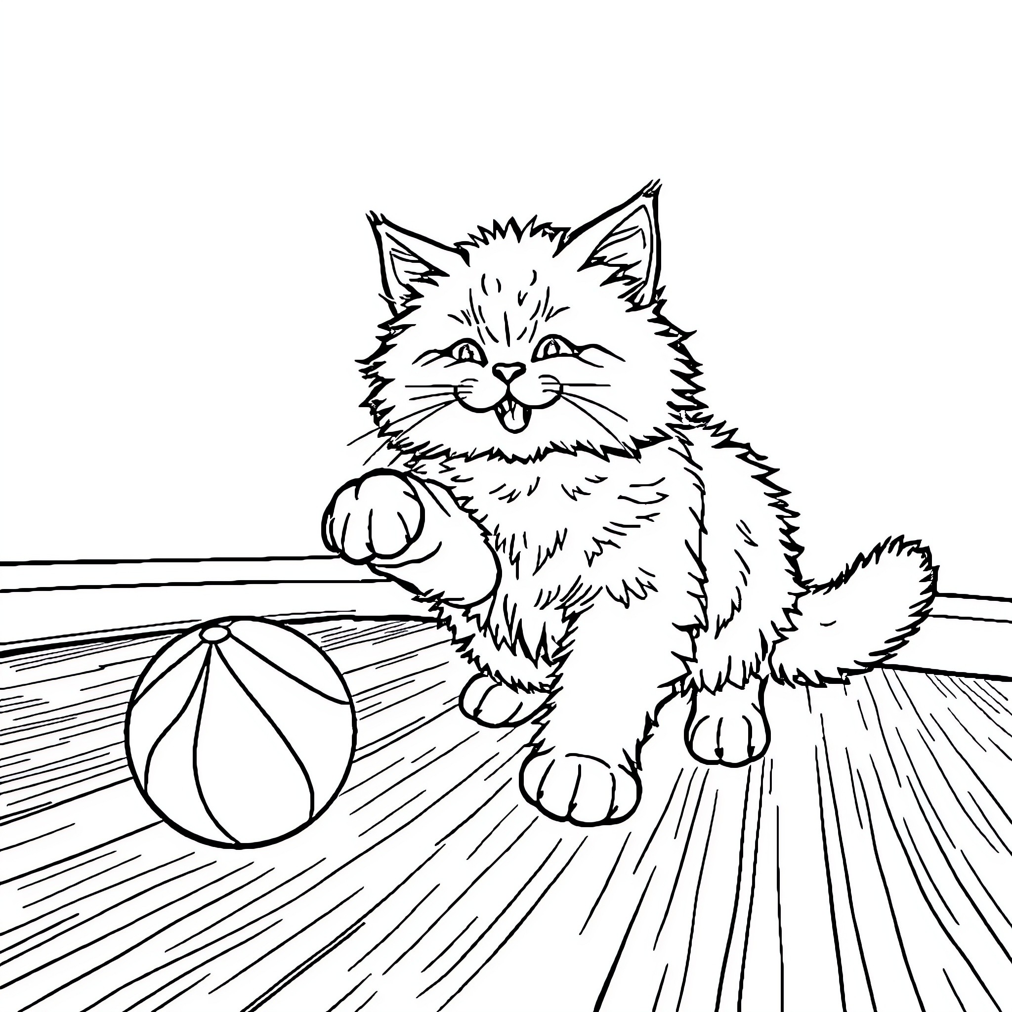 Cat playing with a ball on the floor Coloring Page (free black-and-white line drawing printable PDF for all, from beginners to advanced learners, including children, teens, adults, and seniors)