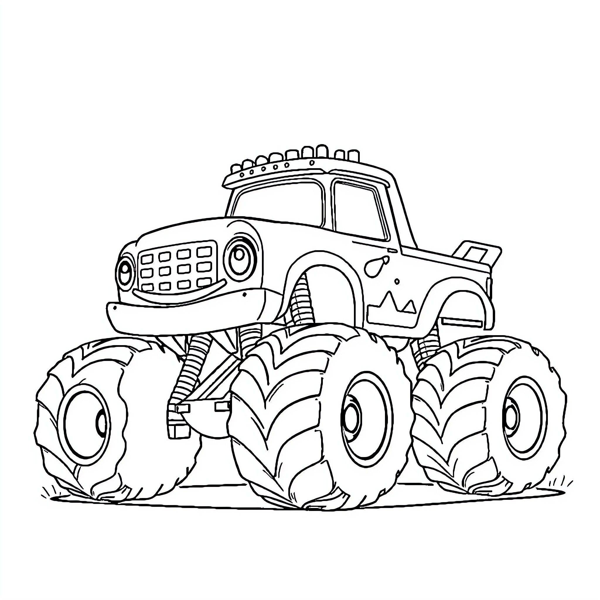 Monster Truck Crushing Through the Terrain Coloring Page (free black-and-white line drawing printable PDF for all, from beginners to advanced learners, including children, teens, adults, and seniors)