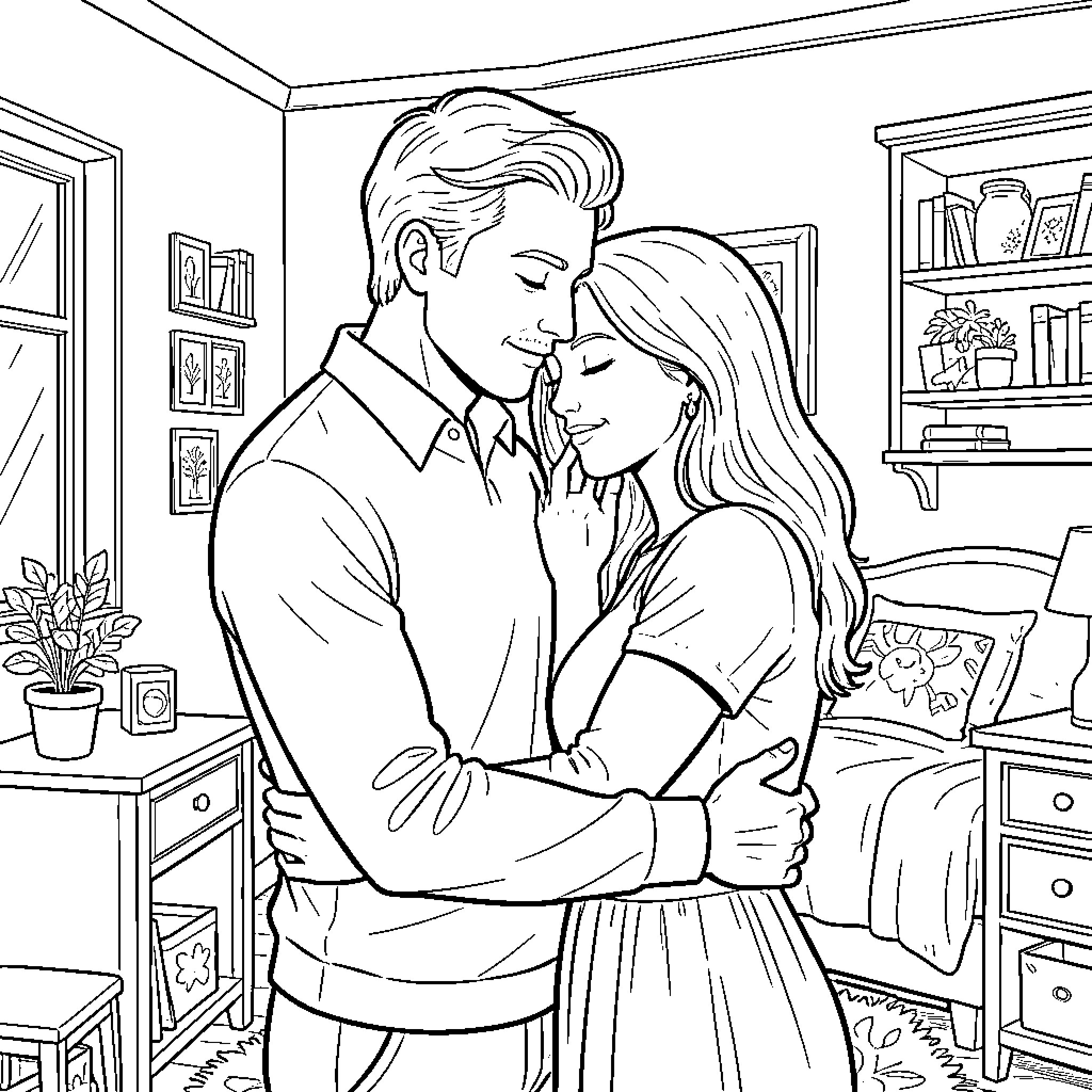 Homme hugging a woman affectionately in a bedroom Coloring Page (free black-and-white line drawing printable PDF for all, from beginners to advanced learners, including children, teens, adults, and seniors)