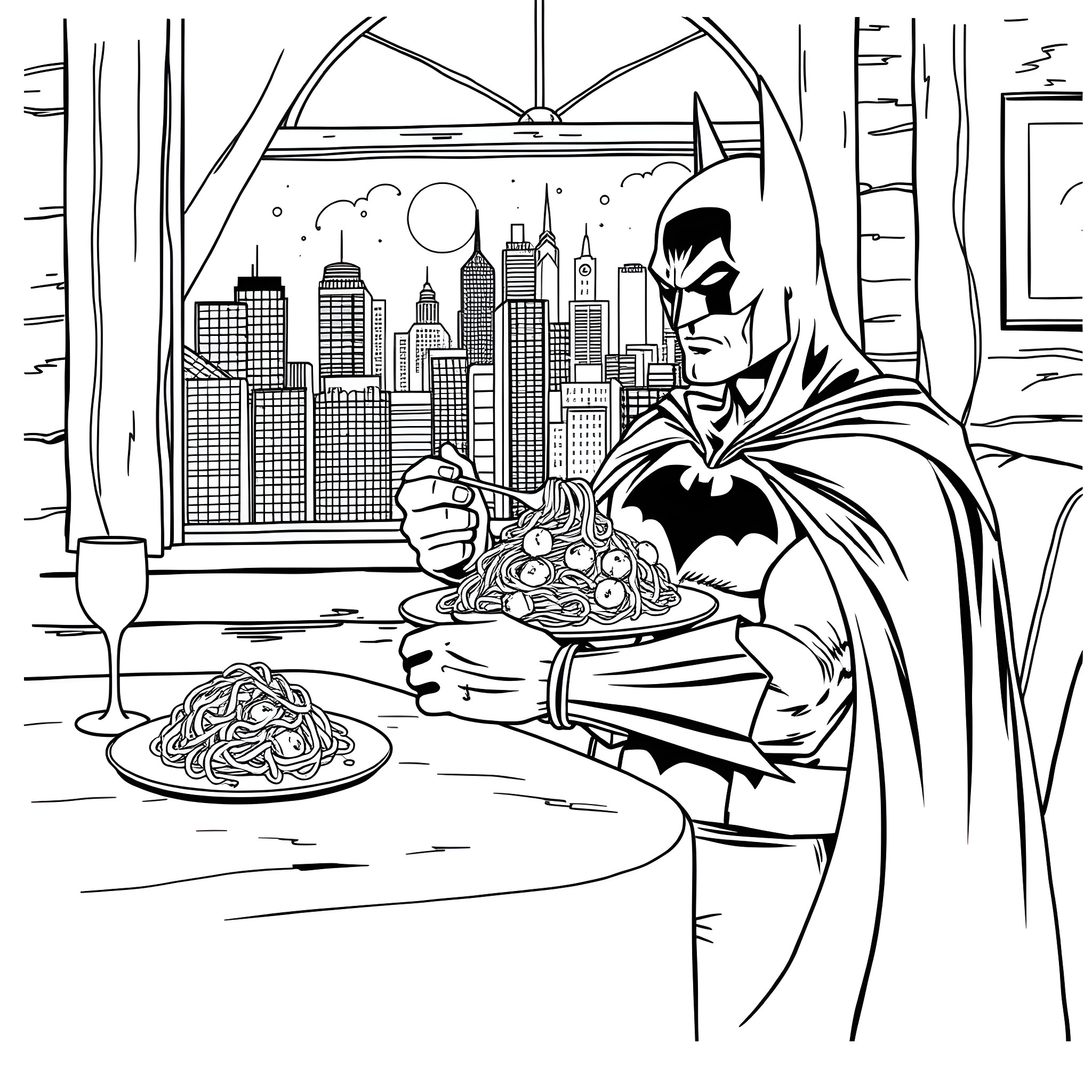Batman enjoying a tasty meal in the city Coloring Page (free black-and-white line drawing printable PDF for all, from beginners to advanced learners, including children, teens, adults, and seniors)