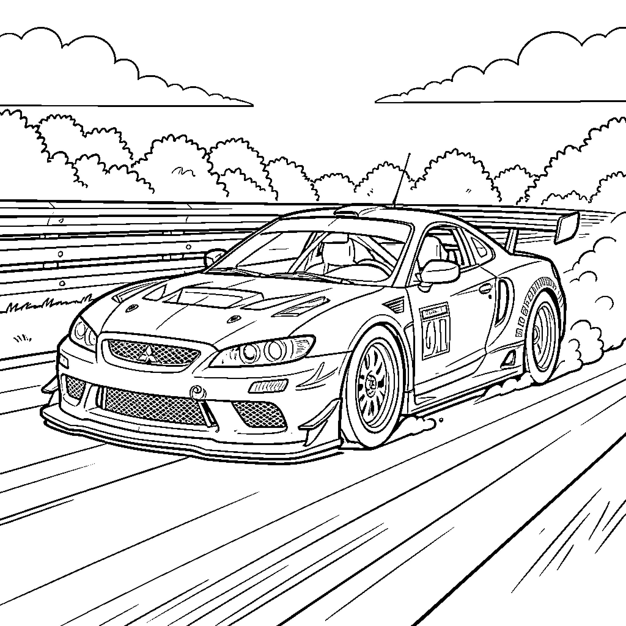 Race Car speeding fast on a professional track Coloring Page (free black-and-white line drawing printable PDF for all, from beginners to advanced learners, including children, teens, adults, and seniors)
