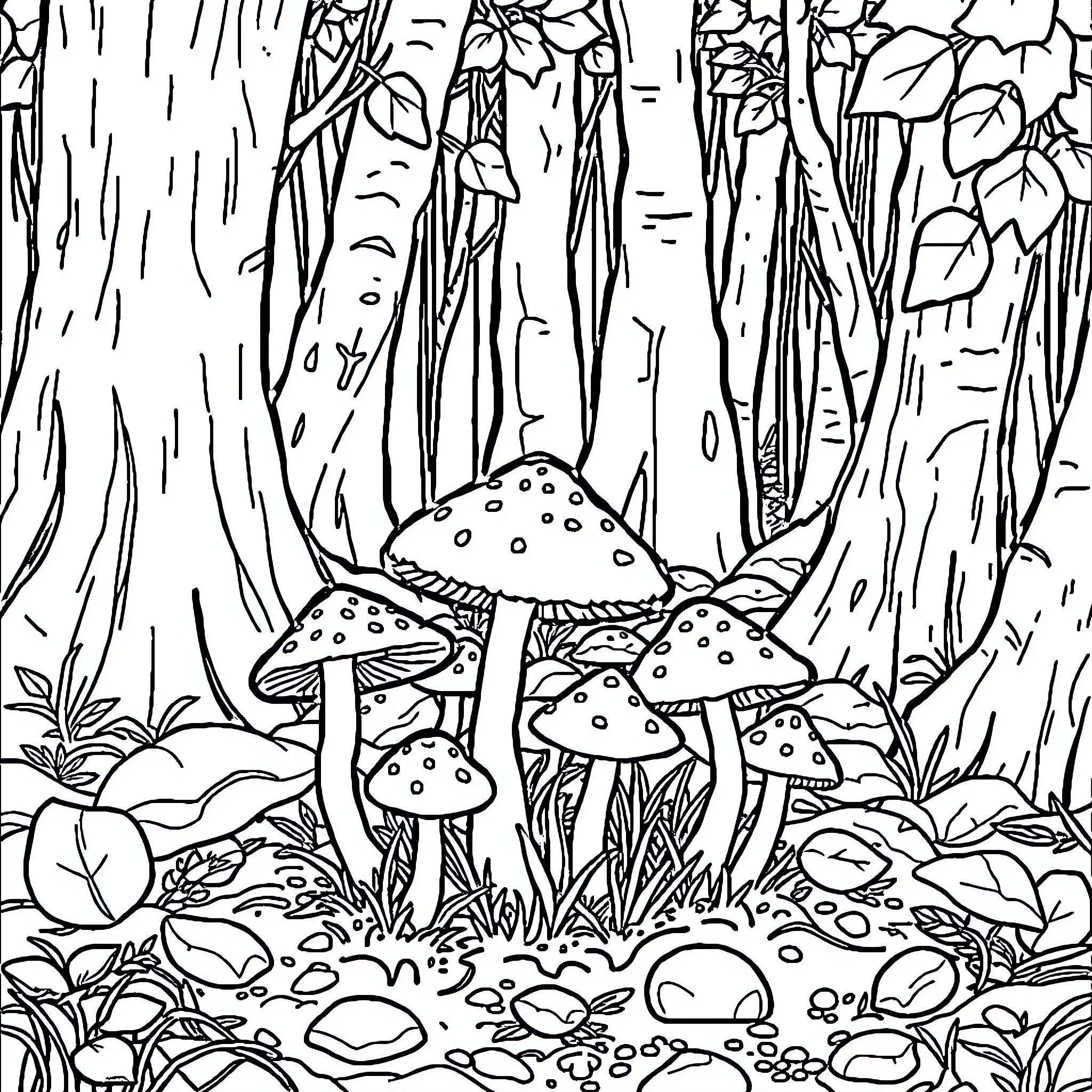 Mushroom forest with undergrowth and trees Coloring Page (free black-and-white line drawing printable PDF for all, from beginners to advanced learners, including children, teens, adults, and seniors)
