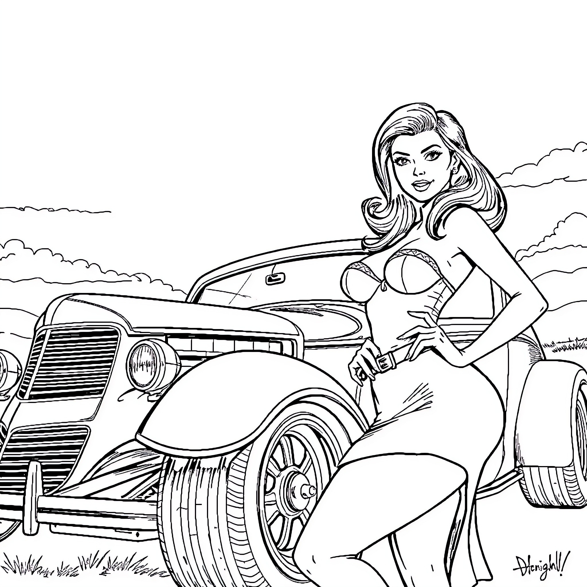 Pin-Up Girl Posing Stylishly with Classic Car Coloring Page (free black-and-white line drawing printable PDF for all, from beginners to advanced learners, including children, teens, adults, and seniors)