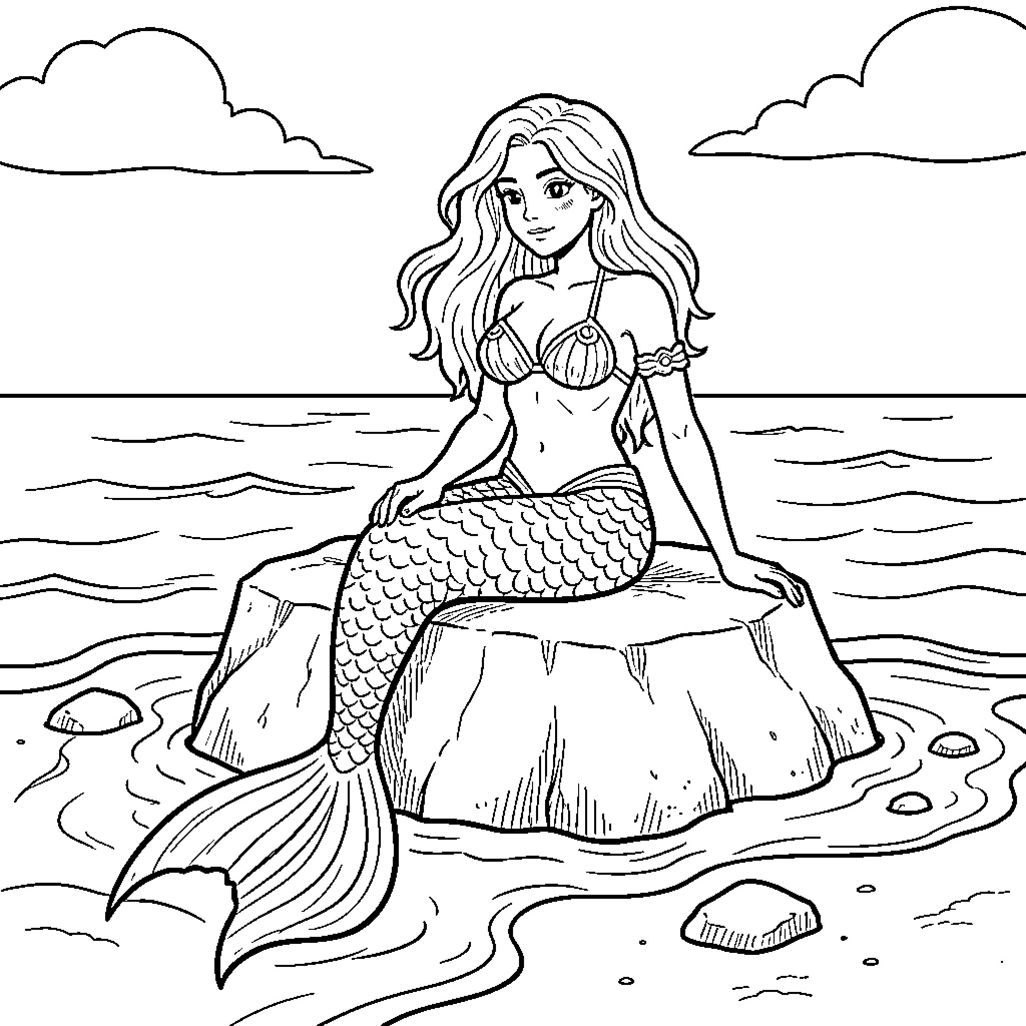 Mermaid sitting gracefully on a rock by the sea Coloring Page (free black-and-white line drawing printable PDF for all, from beginners to advanced learners, including children, teens, adults, and seniors)