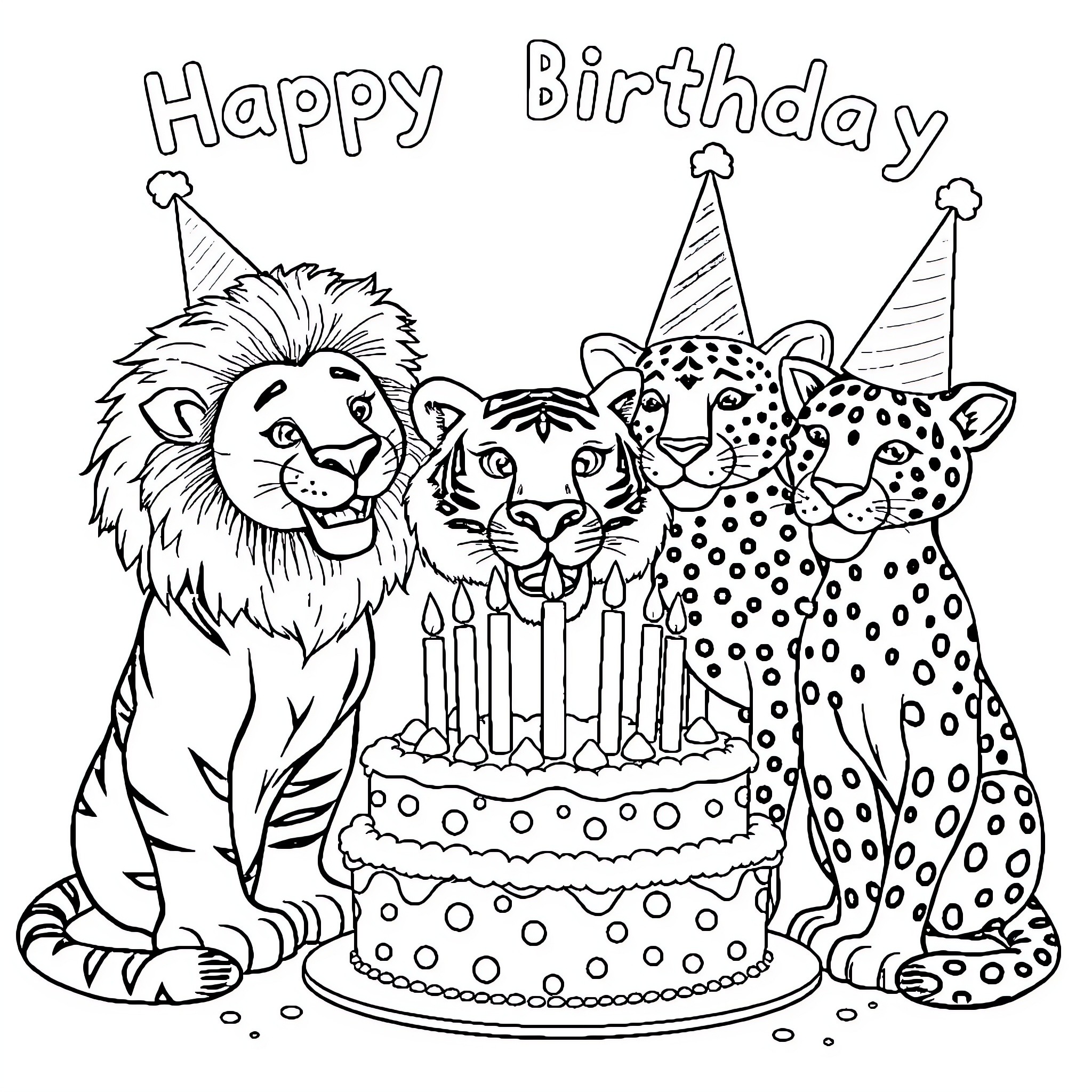Tigers Celebrating a Happy Birthday with Cake Coloring Page (free black-and-white line drawing printable PDF for all, from beginners to advanced learners, including children, teens, adults, and seniors)