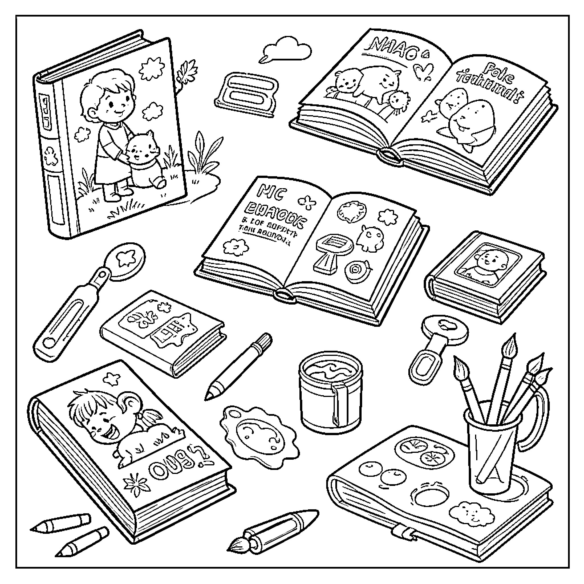 Book featuring various cute characters and drawing supplies Coloring Page (free black-and-white line drawing printable PDF for all, from beginners to advanced learners, including children, teens, adults, and seniors)