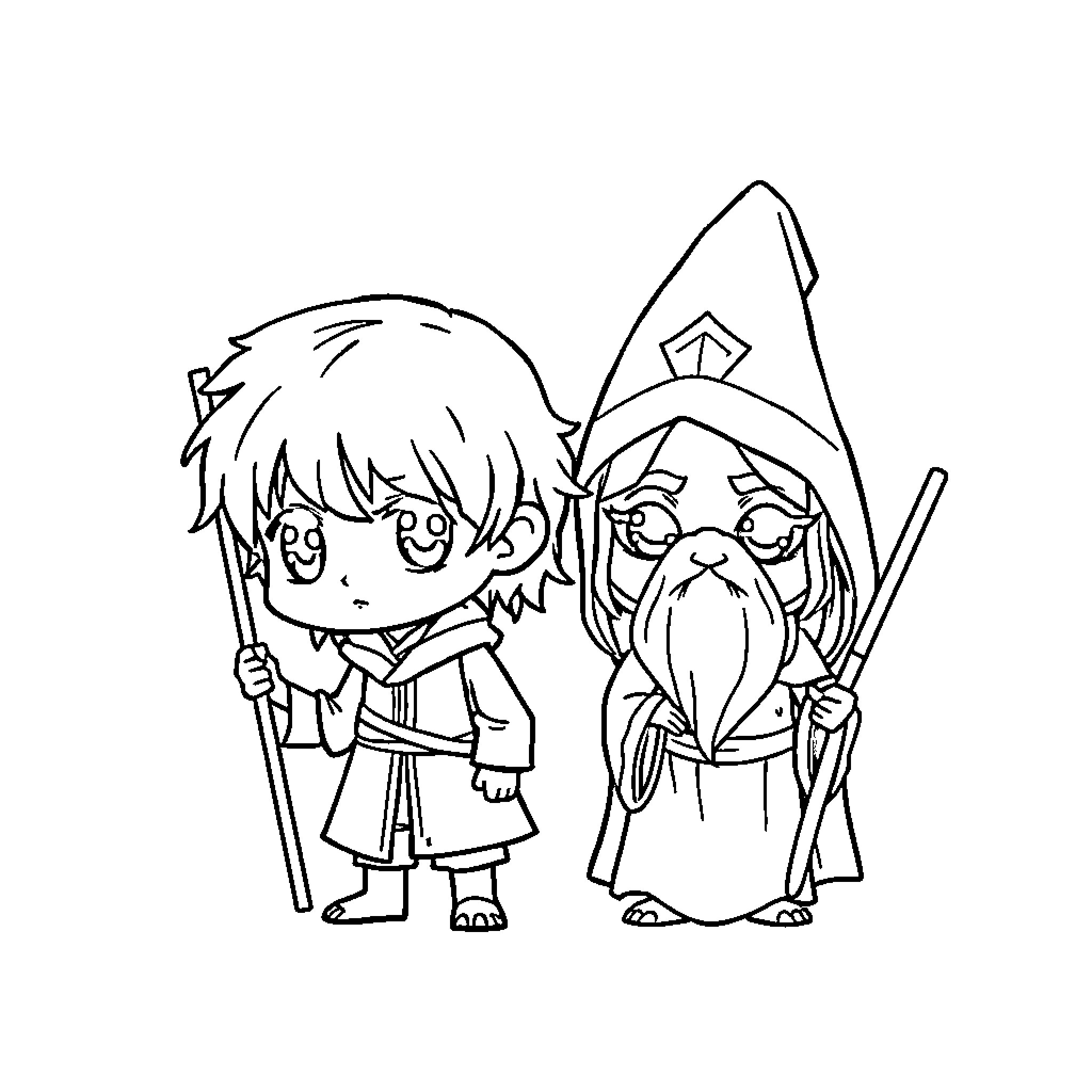 Lord of the Rings: Whimsical Adventure of Young Hobbits Coloring Page (free black-and-white line drawing printable PDF for all, from beginners to advanced learners, including children, teens, adults, and seniors)