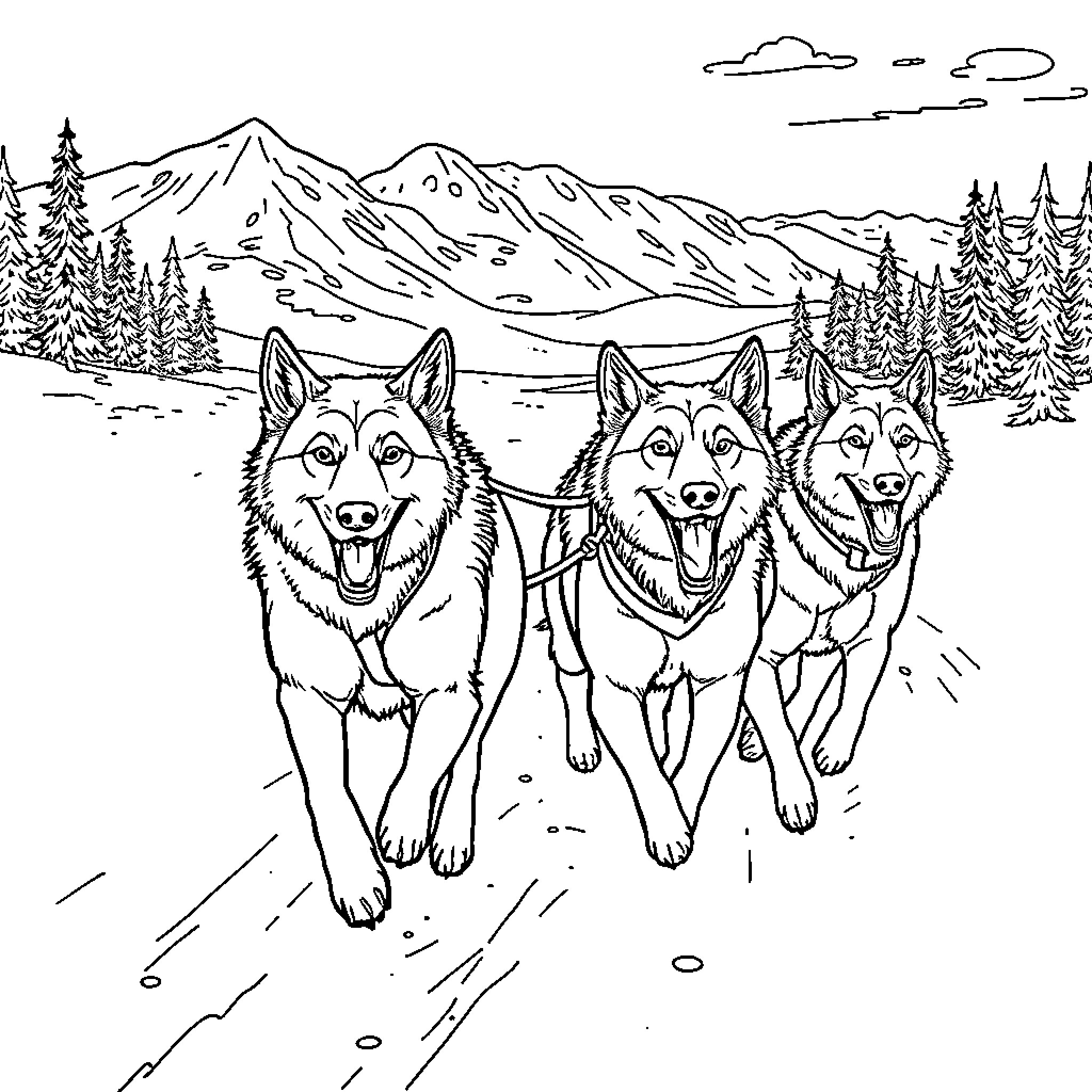 Sled Dogs Pulling Sleds Through Snowy Mountains Coloring Page (free black-and-white line drawing printable PDF for all, from beginners to advanced learners, including children, teens, adults, and seniors)