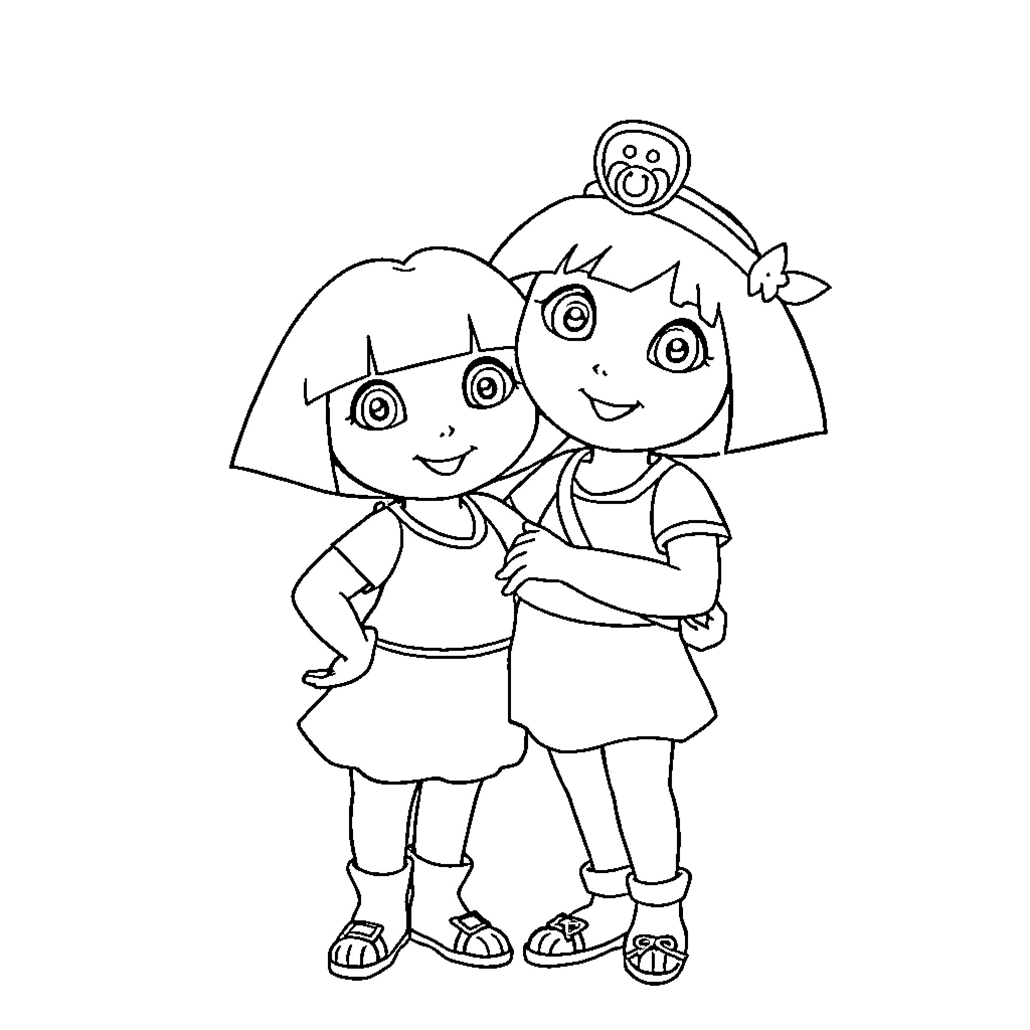 Dora hugging her baby sister with happy expressions Coloring Page (free black-and-white line drawing printable PDF for all, from beginners to advanced learners, including children, teens, adults, and seniors)