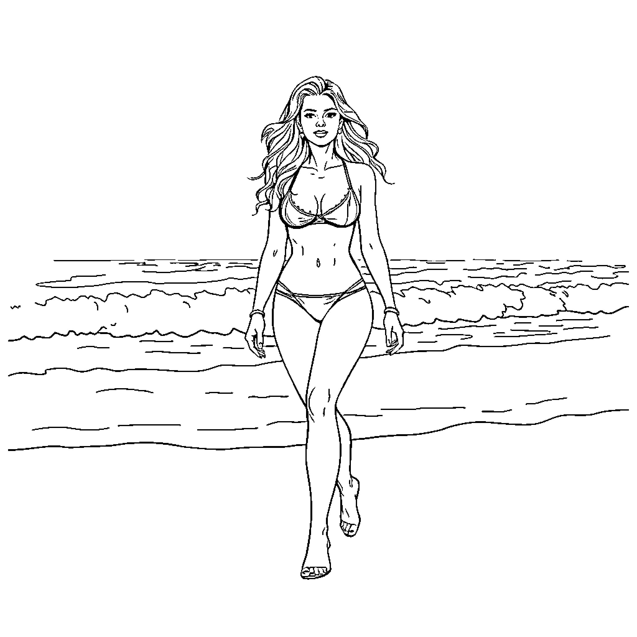 Carmen Electra strolling on the beach in a bikini Coloring Page (free black-and-white line drawing printable PDF for all, from beginners to advanced learners, including children, teens, adults, and seniors)