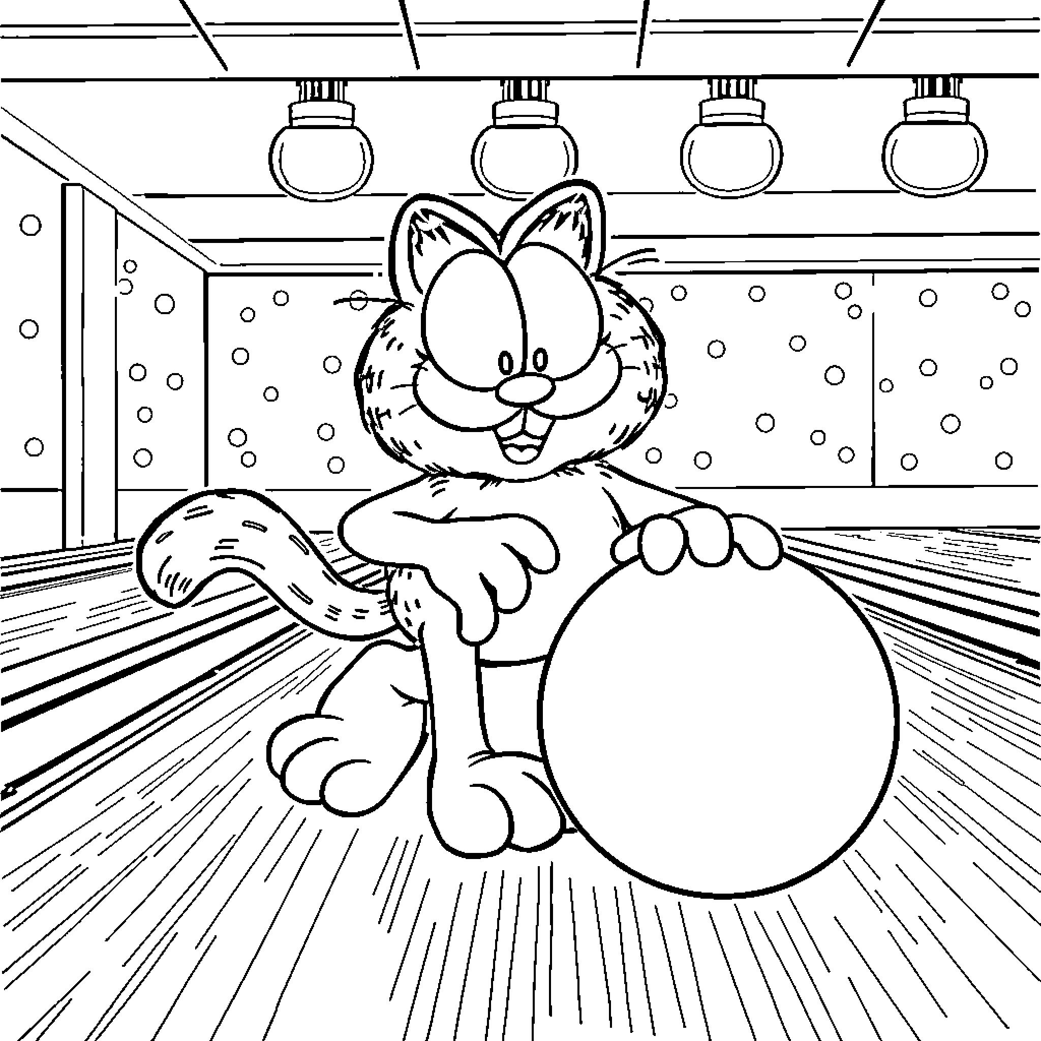 Garfield playing with a bowling ball Coloring Page (free black-and-white line drawing printable PDF for all, from beginners to advanced learners, including children, teens, adults, and seniors)