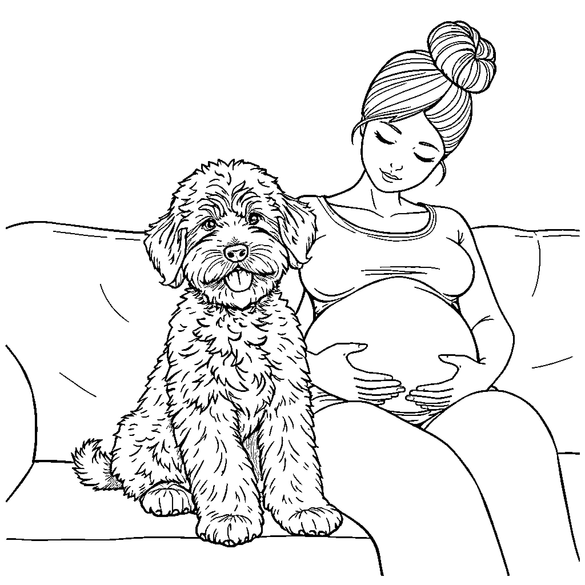 Labradoodle comforting pregnant woman Coloring Page (free black-and-white line drawing printable PDF for all, from beginners to advanced learners, including children, teens, adults, and seniors)